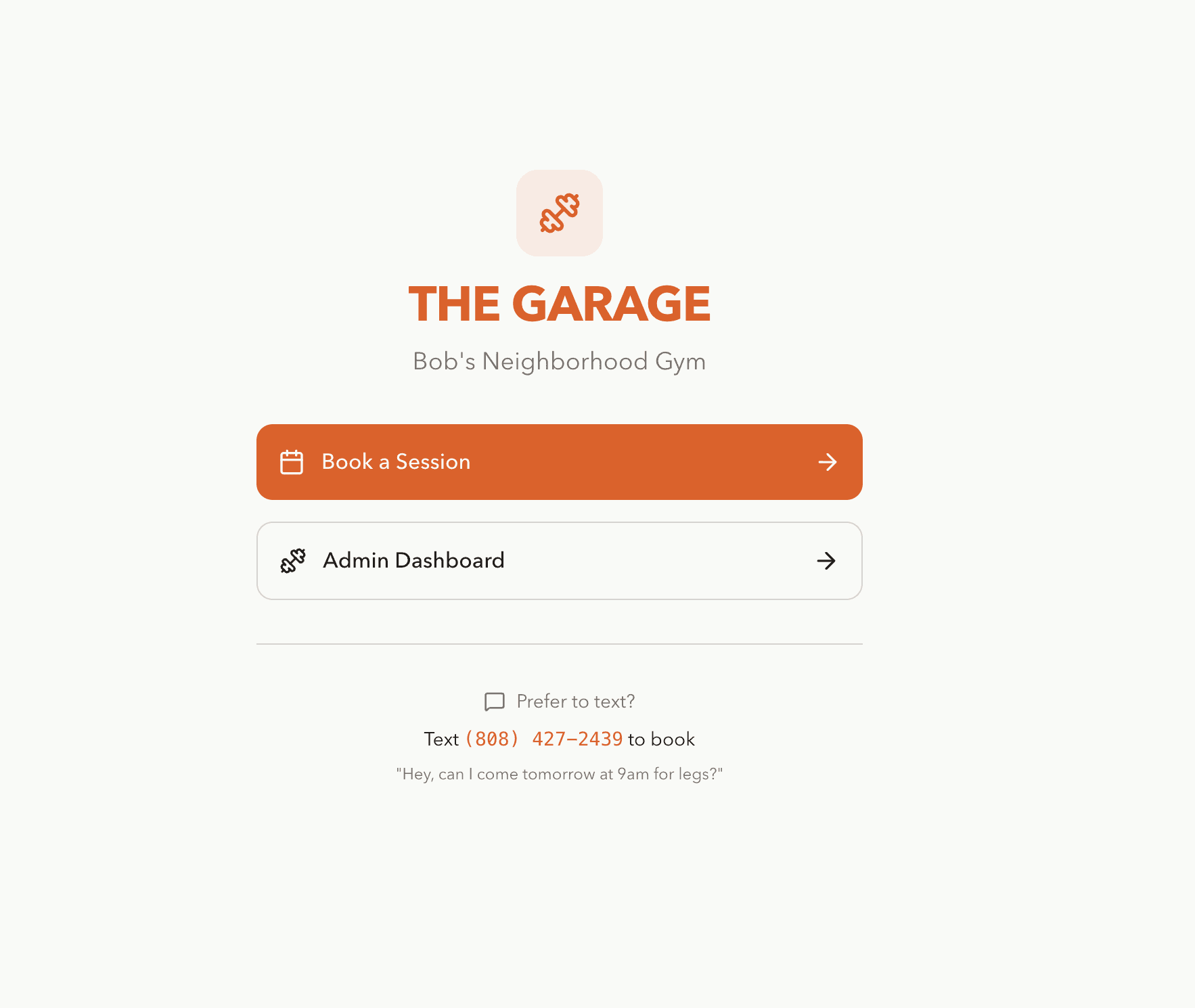 The Garage booking and landing screen for a small business scheduling flow.