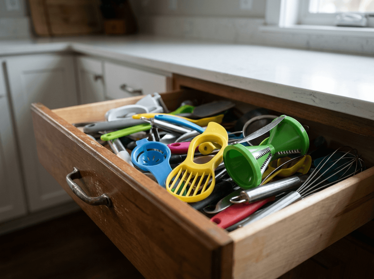 Kitchen drawer overflowing with unused single-use gadgets