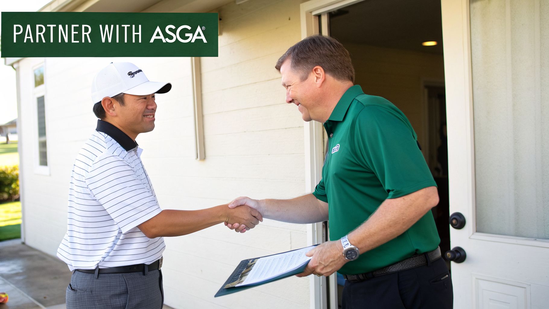 Two men shake hands, smiling, representing a partnership, with a 'PARTNER WITH ASGA' banner.