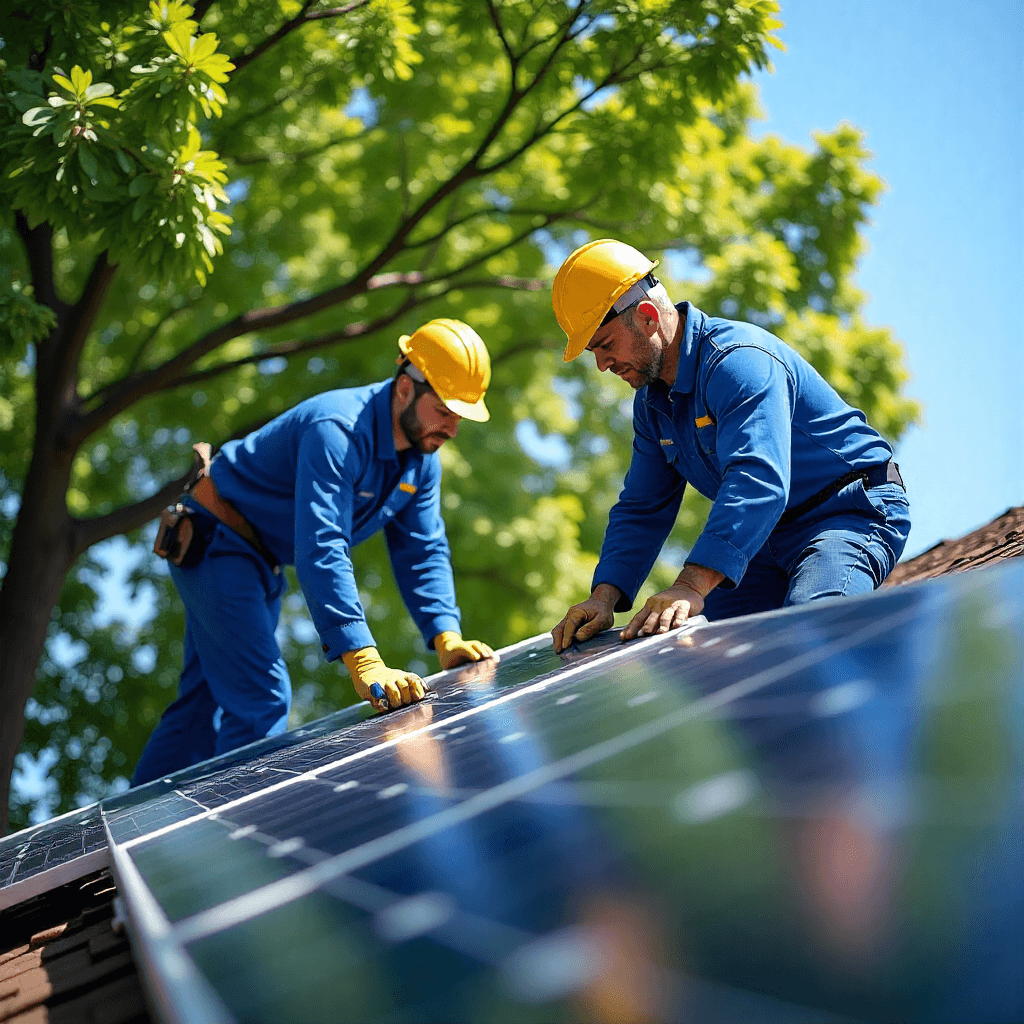 Solar technicians performing maintenance on rooftop solar panels