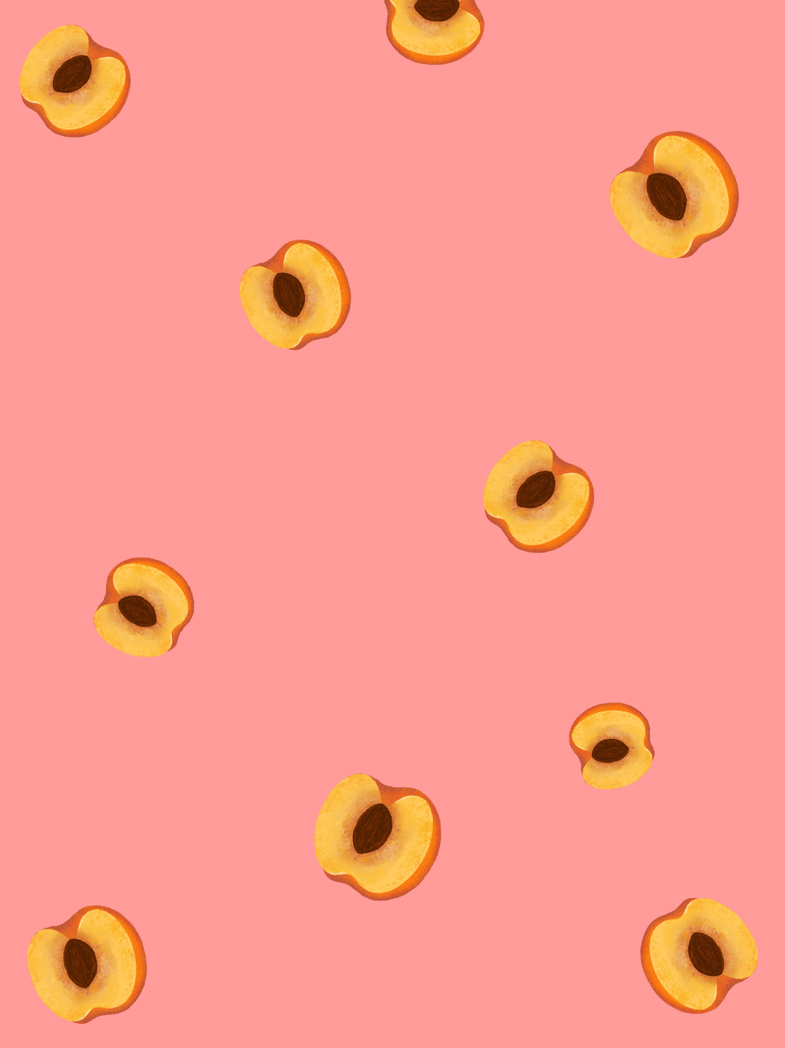 Repeat fruit patterns. Repeat fruit design. Repeat peach slices all over. Digital art drawing of peach slice with repeat patterns all over. peach digital painting or drawing poster.