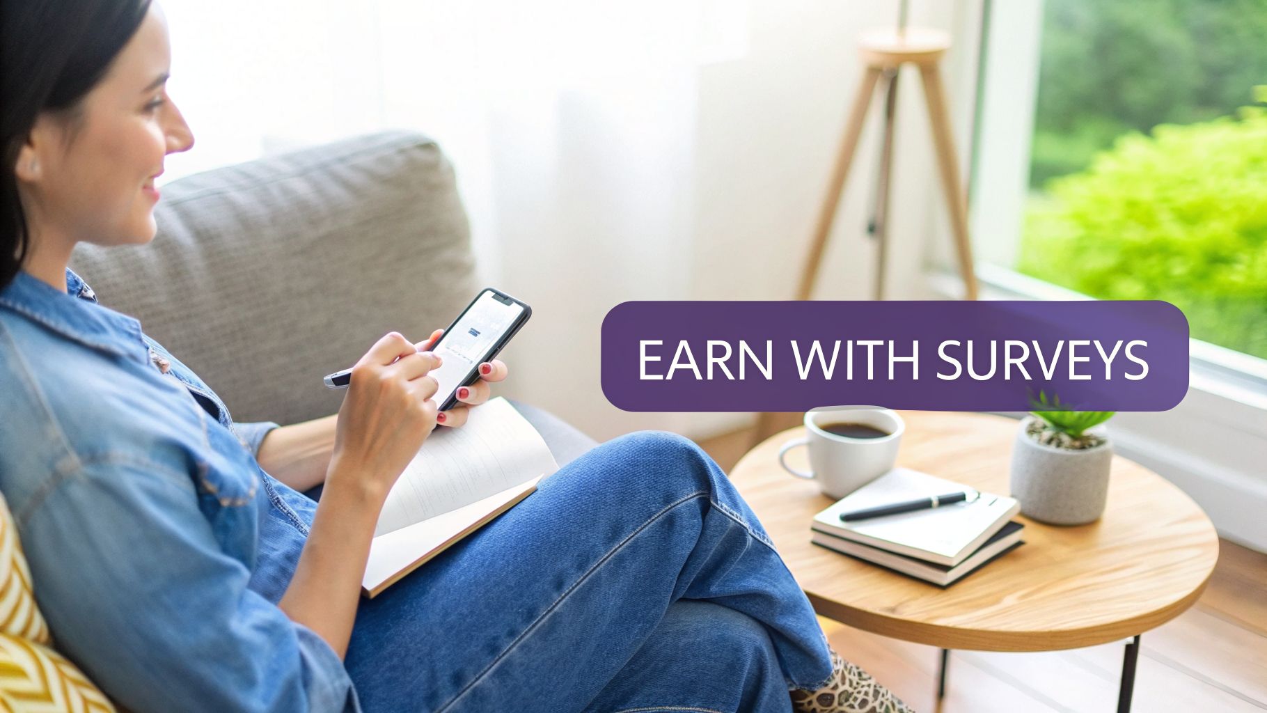A woman completing surveys on her smartphone while relaxing on a sofa at home.