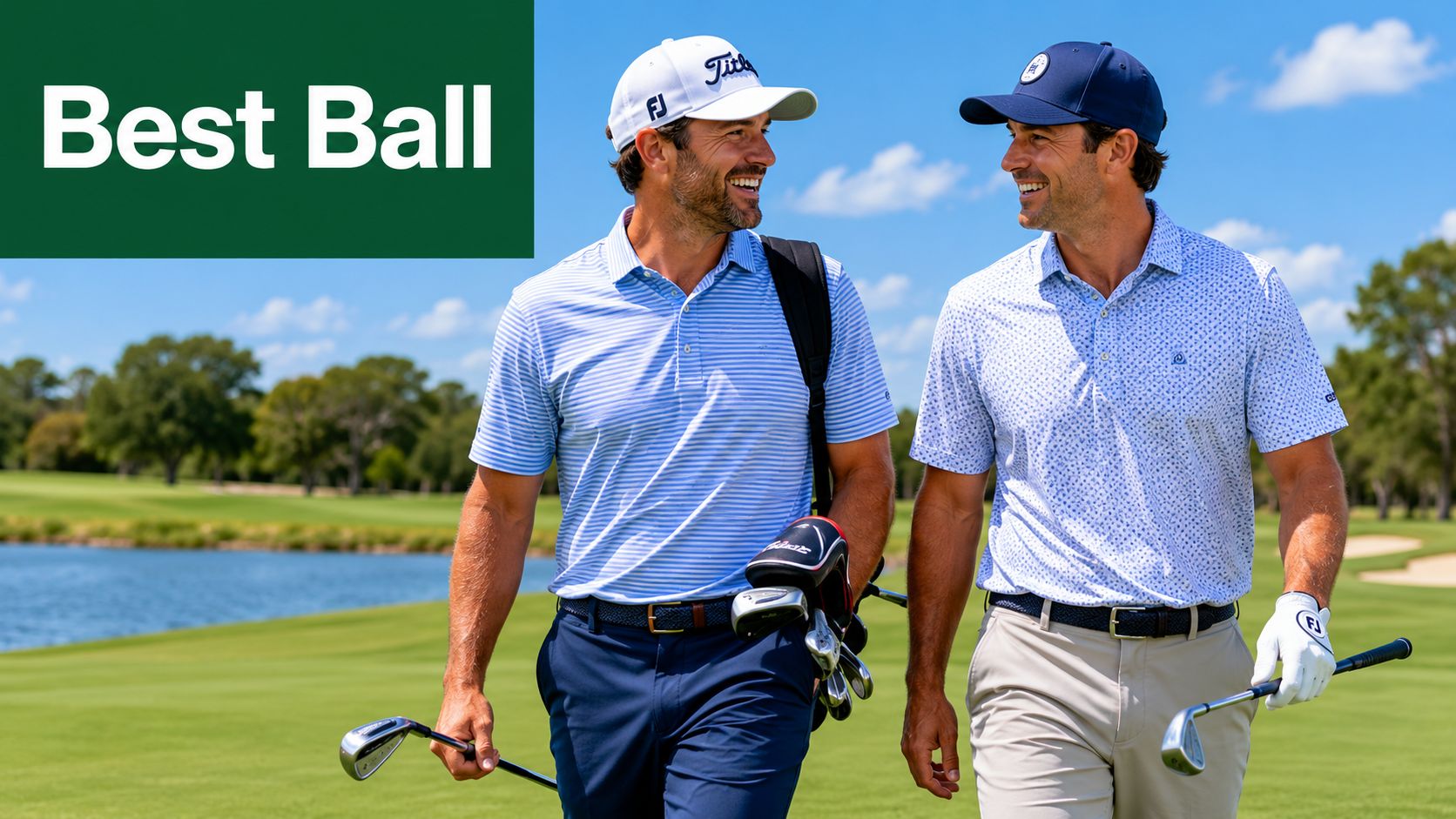 Two professional male golfers walking and talking together on a sunny golf course during a tournament.