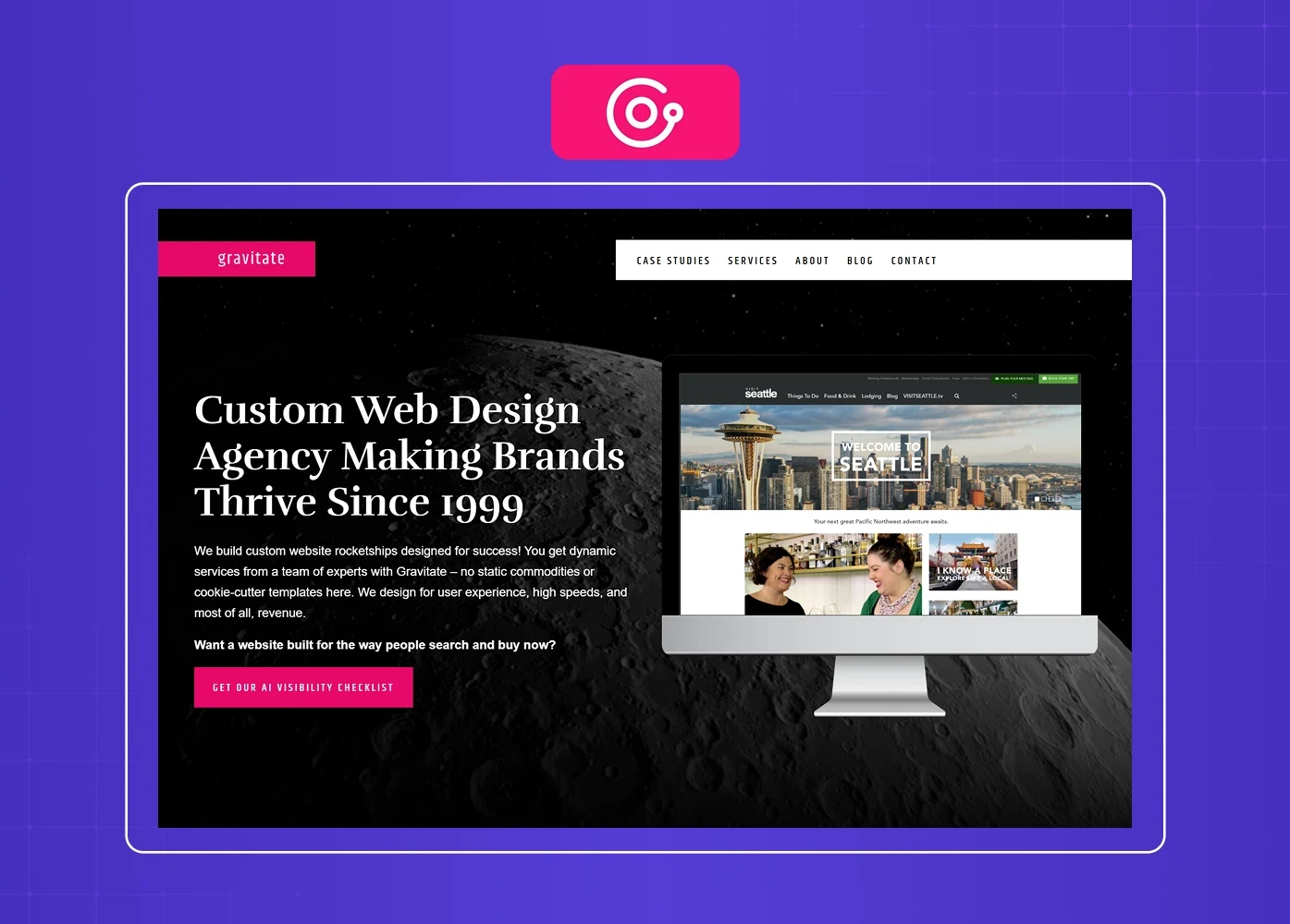 The Gravitate homepage uses bold, high-contrast visuals to communicate expertise in custom web design and digital brand growth.