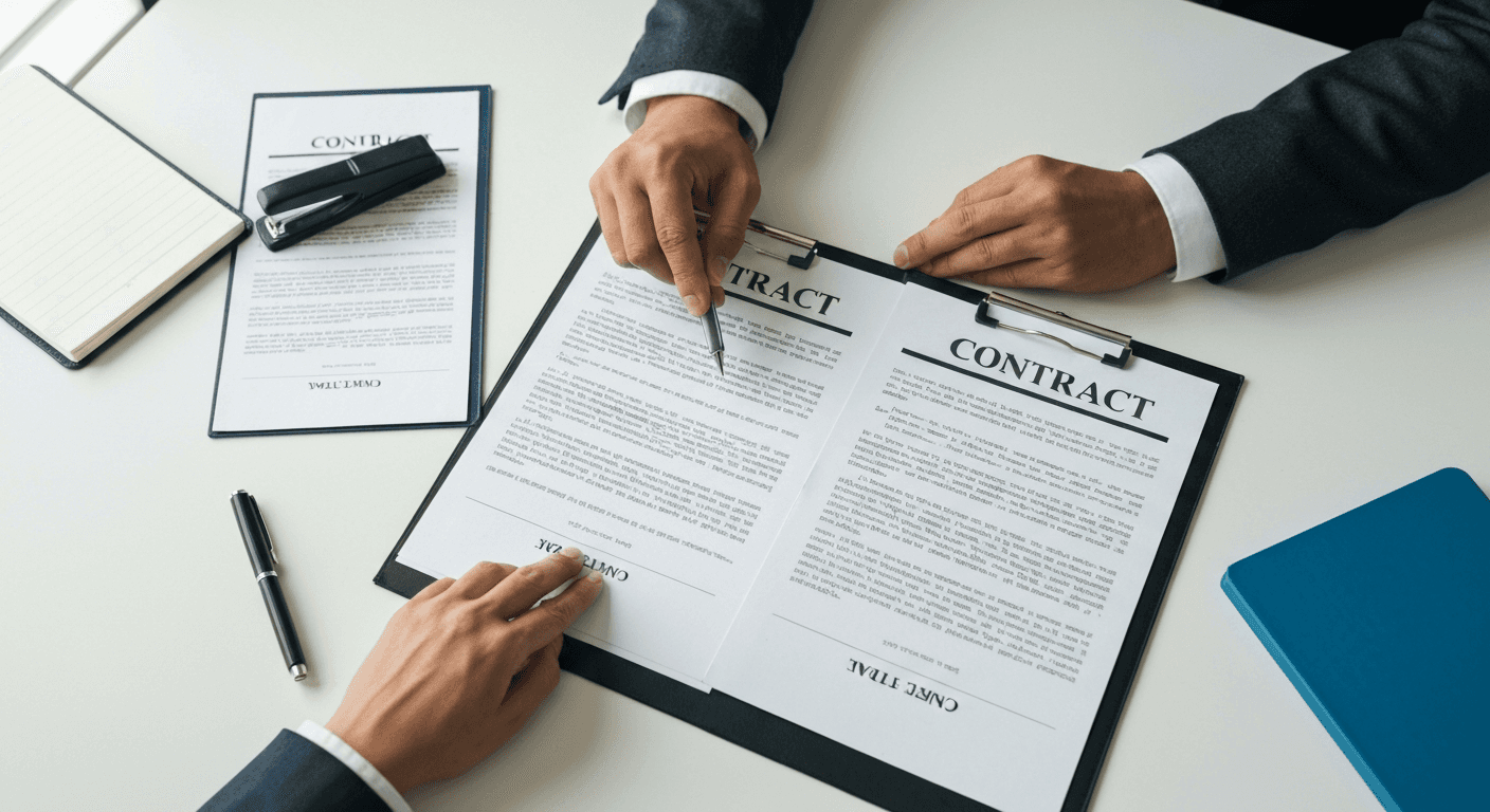 Hands comparing contract documents