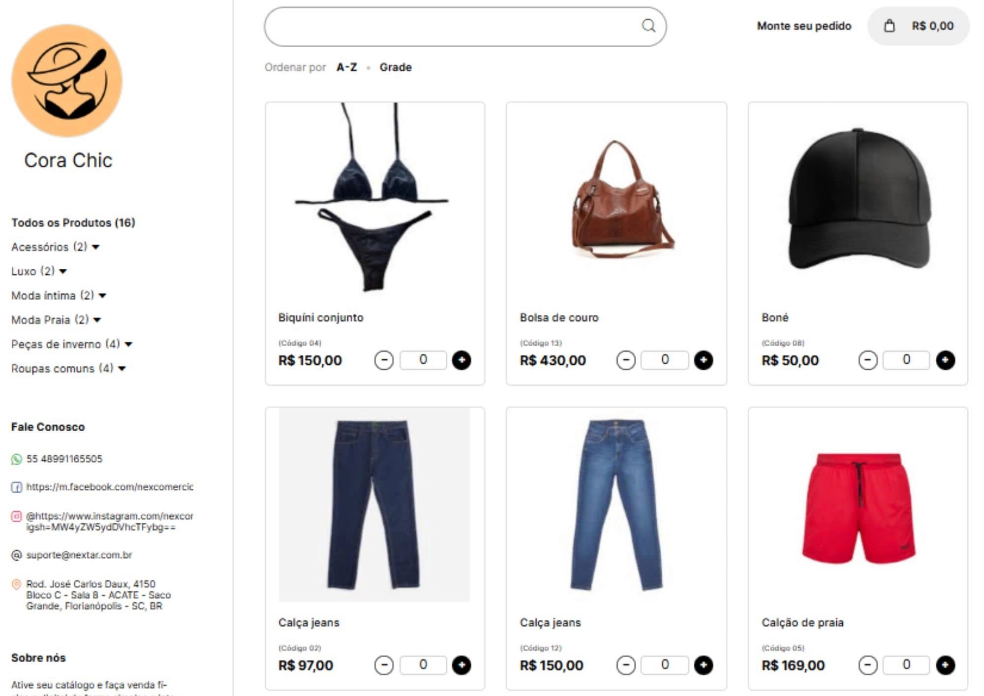 Tela do catálogo de produtos do Nex exibindo itens de uma loja de roupas com imagens, nomes e preços.