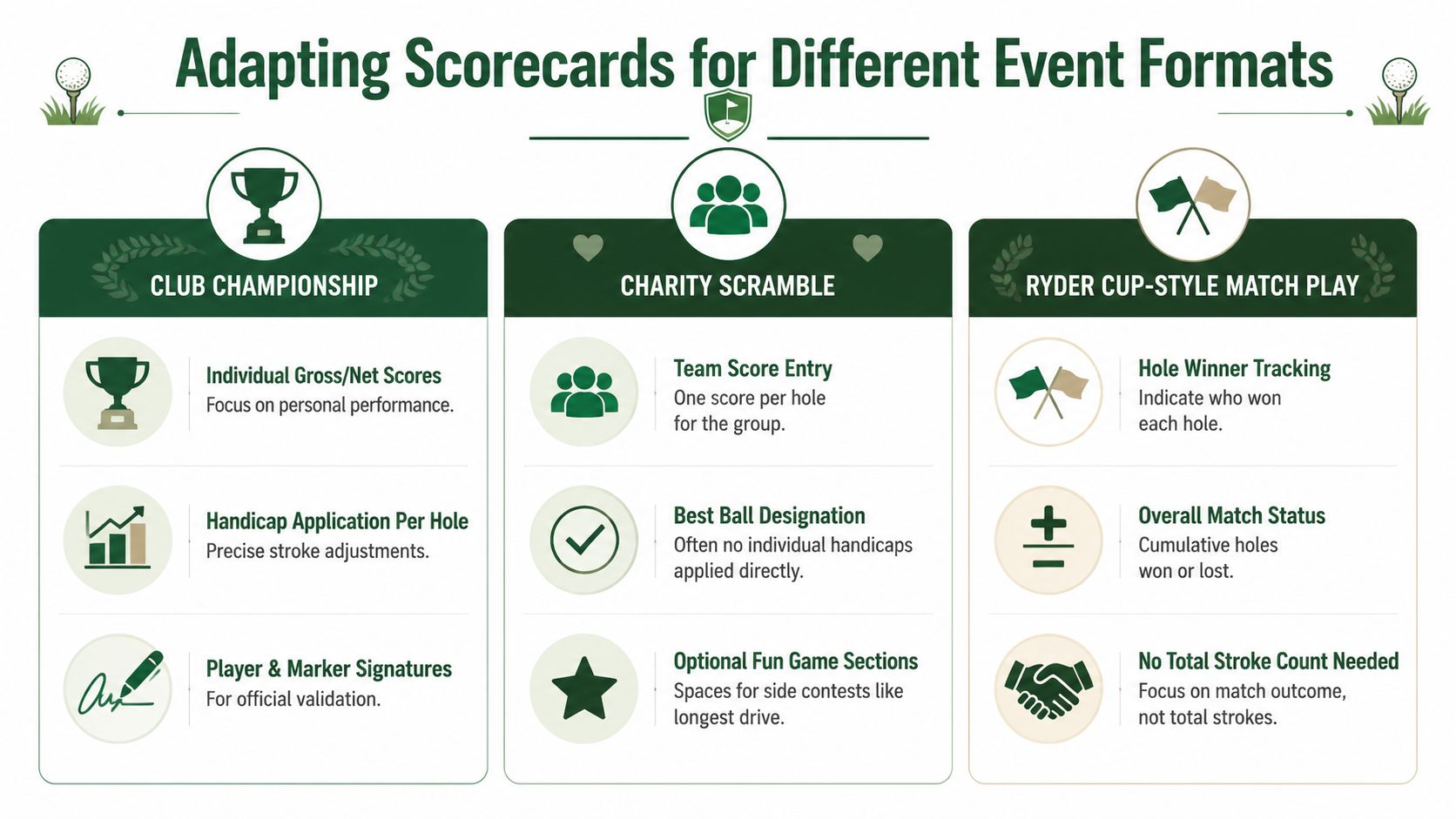 An infographic showing how to customize golf scorecards for club championships, charity scrambles, and match play events.