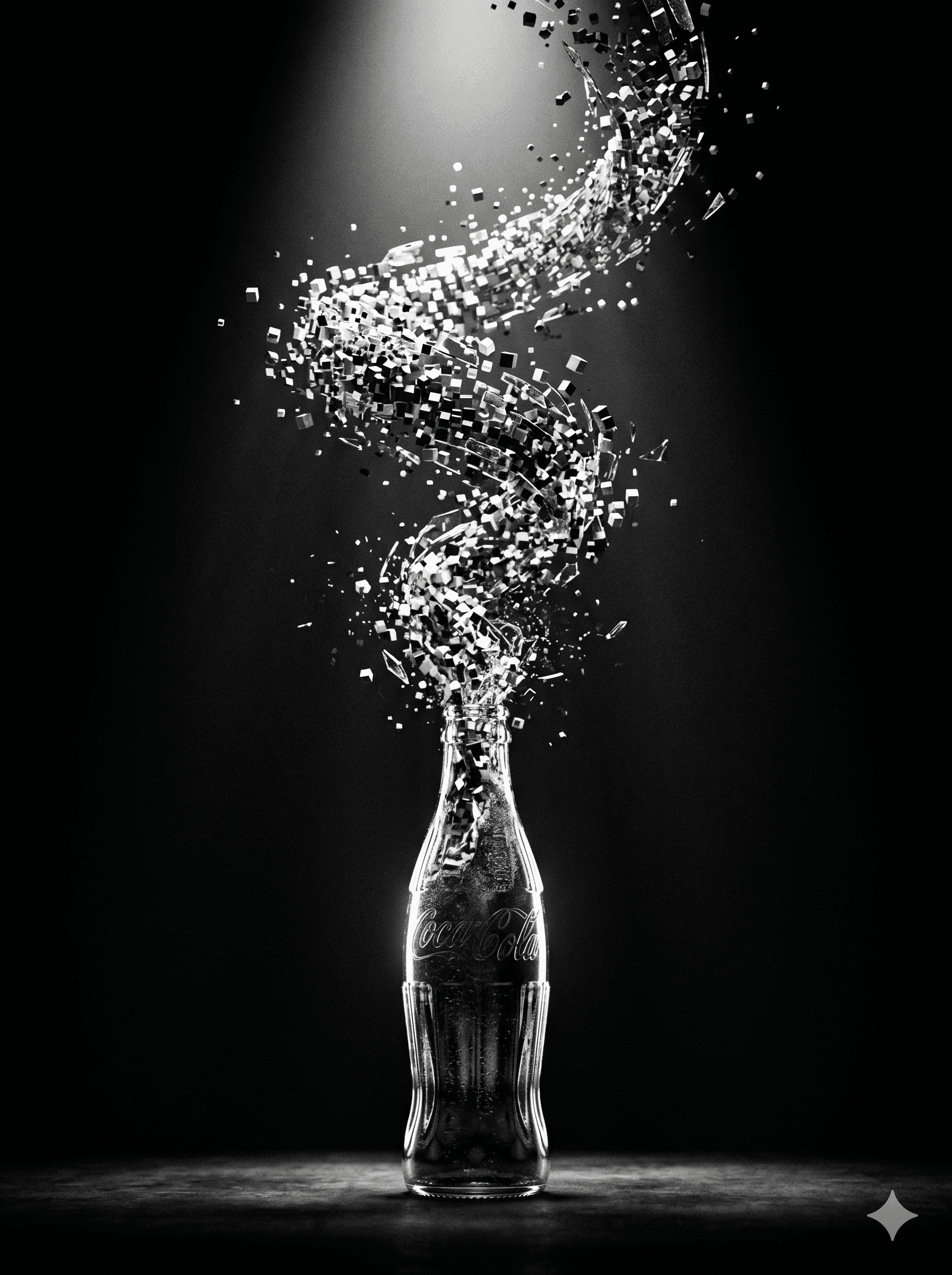 A high-contrast, black-and-white photograph of a classic contour glass soda bottle sitting on a surface against a deep black background. A dramatic spotlight shines from above. The bottom half of the bottle remains intact, while the upper half shatters and spirals upward, violently transforming mid-air into a swirling, tornado-like vortex of tiny 3D digital pixel cubes and glass fragments.