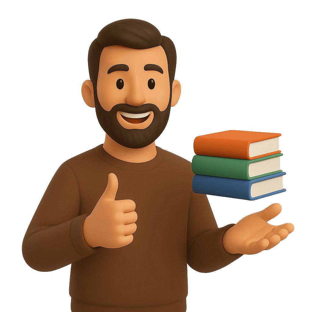 Postavička, která drží knihy v ruce, což znázorňuje naší odbornost