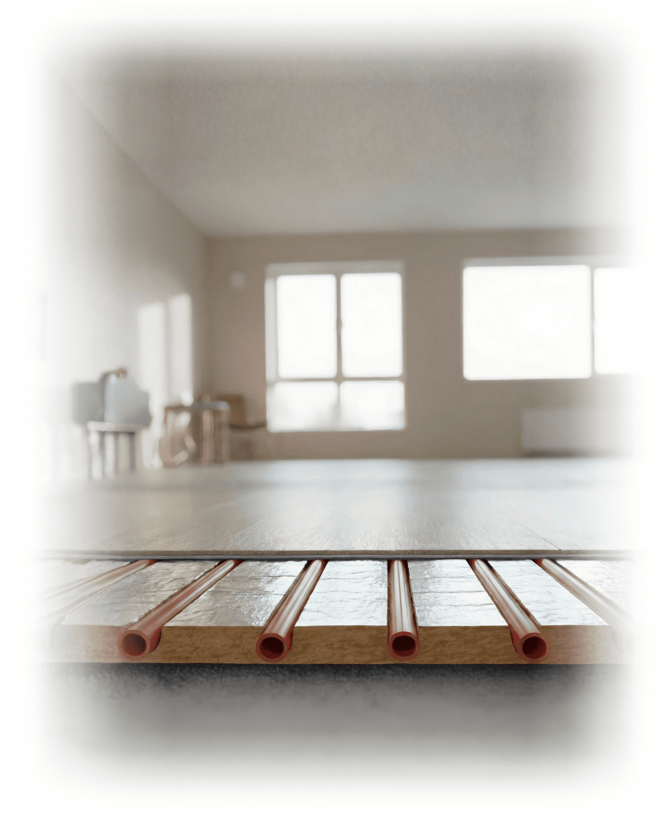 Header Bild für mobile Version mit einem Baby und einer Auflistung verschiedener Merkmale unserer Fußbodenheizung.