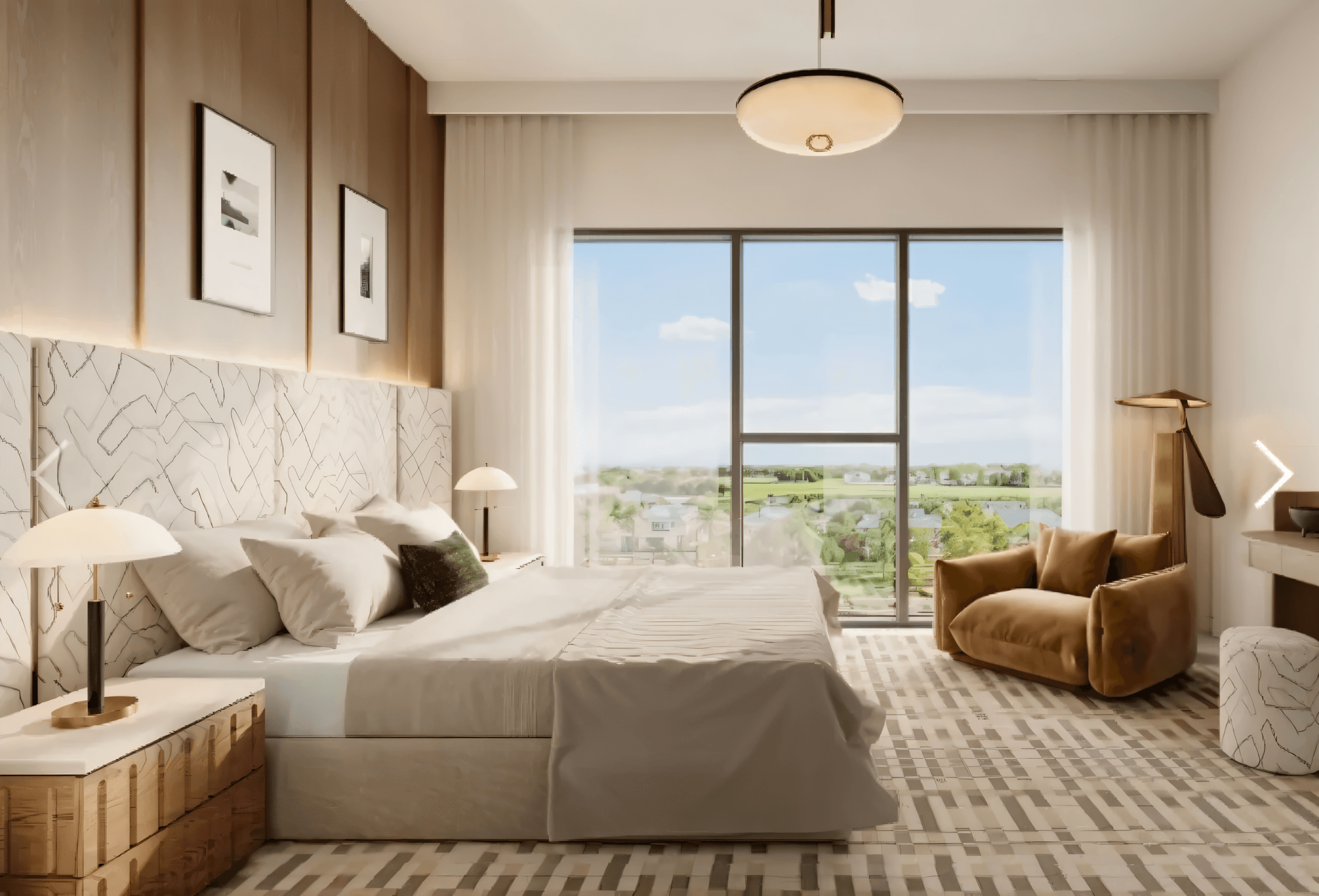  A modern bedroom featuring a large window with a scenic view of the water and golf hills in the background.