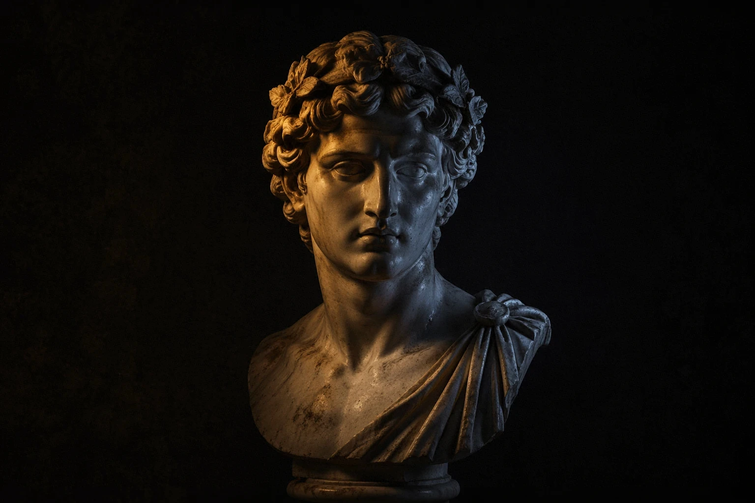 A minimalist cinematic shot of a weathered classical Greek marble bust of a mythological figure