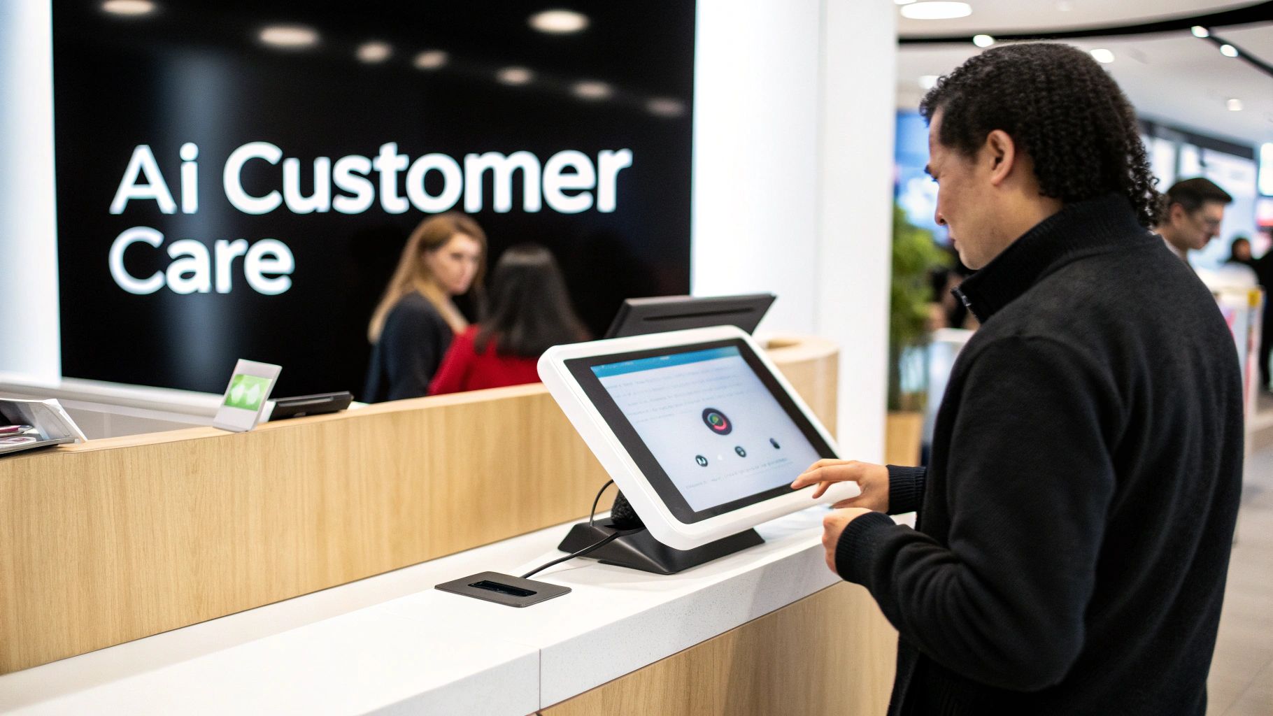 A man interacts with a touchscreen Ai Customer Care kiosk in a modern service center.
