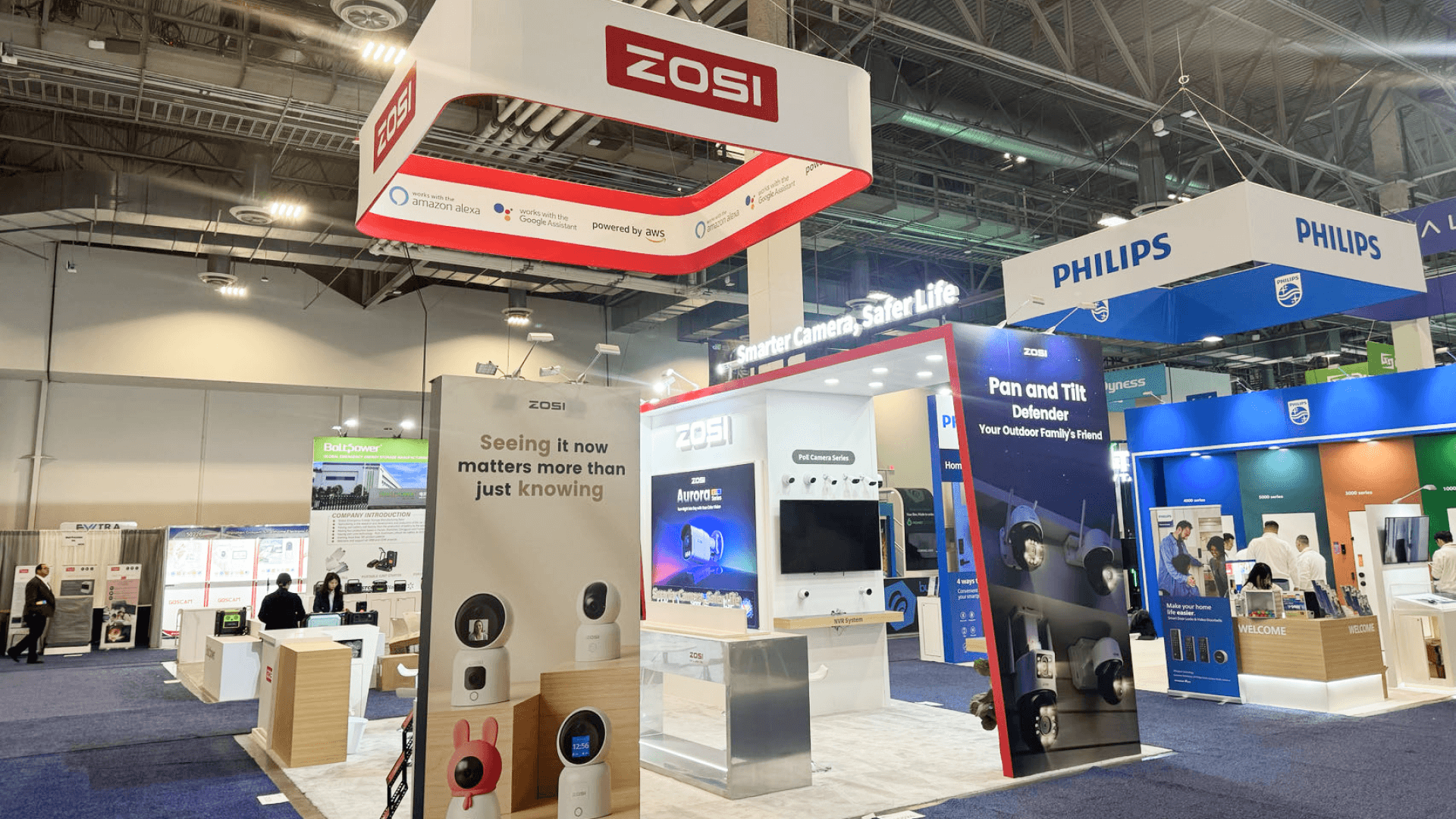 20x20 CES product demo booth with live demo counter, screen display, and compact sales area