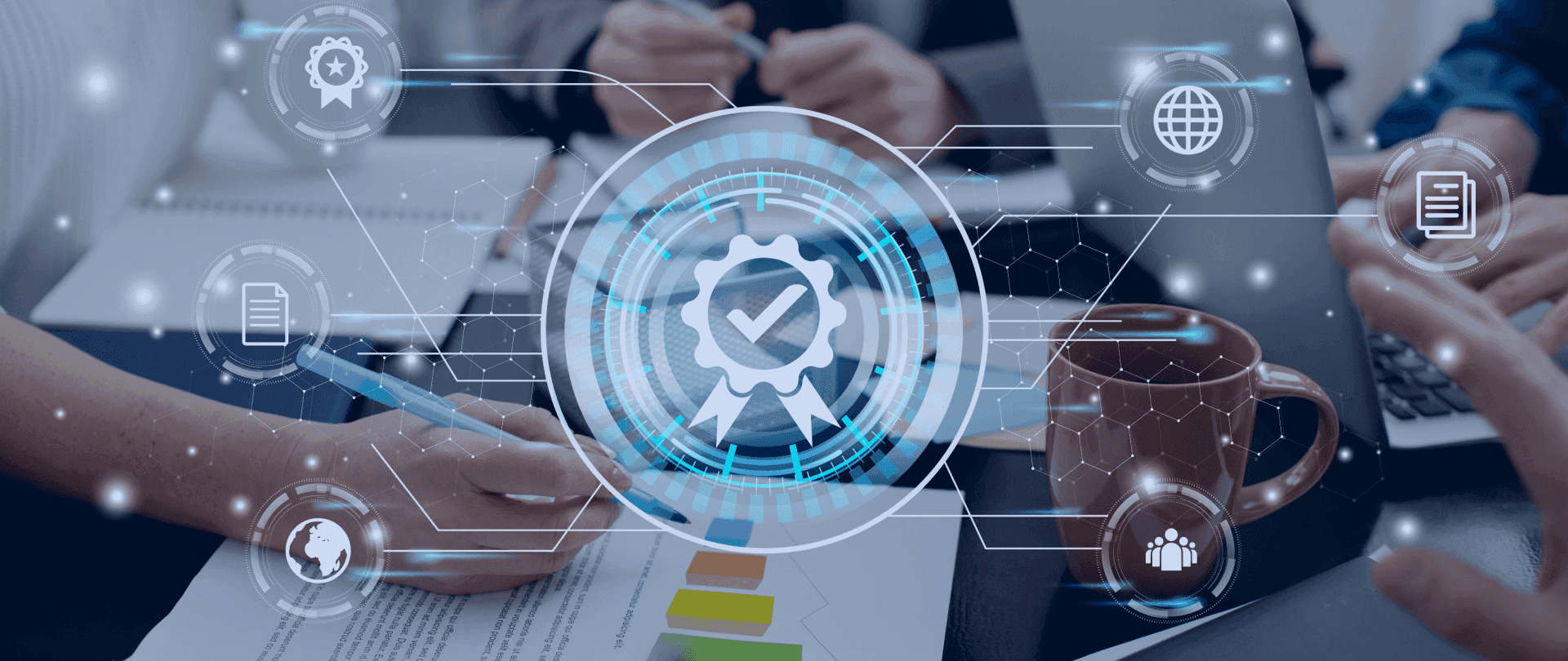Team collaborating with digital compliance and verification icons layered over documents and charts, symbolising the need to optimise watchlist management as complexity, speed and scale increase.