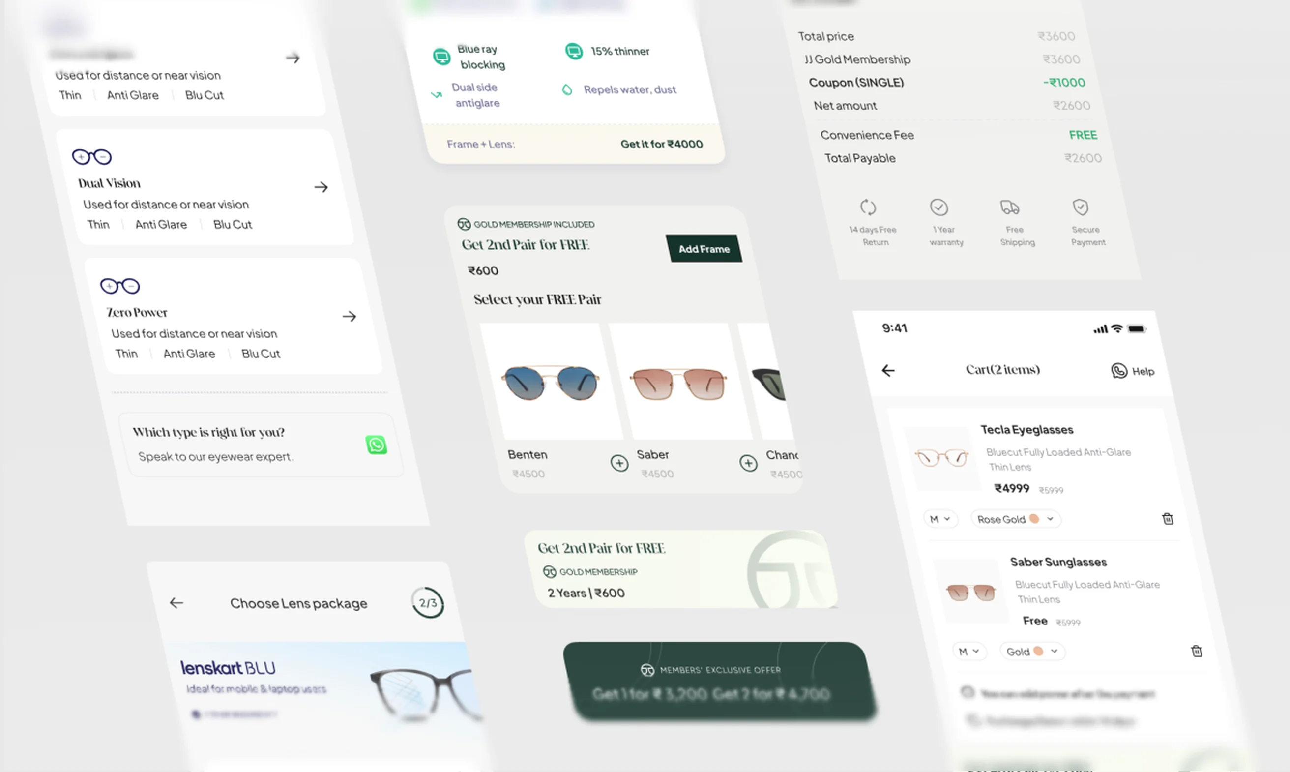 John Jacobs interface collage: lens package selection, free second pair, cart and price breakdown