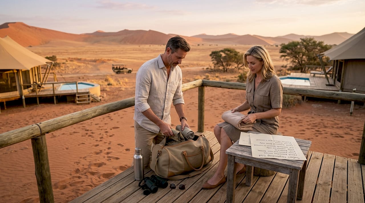Couple packing luxury Namibia safari gear