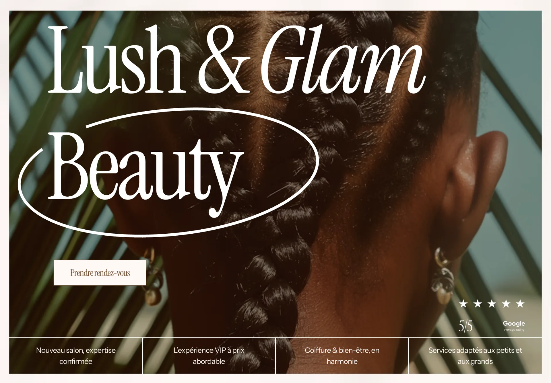 Refonte du site web de Lush & Glam Beauté par B503 Studio, mettant en valeur un univers beauté haut de gamme et une expérience orientée prise de rendez-vous.