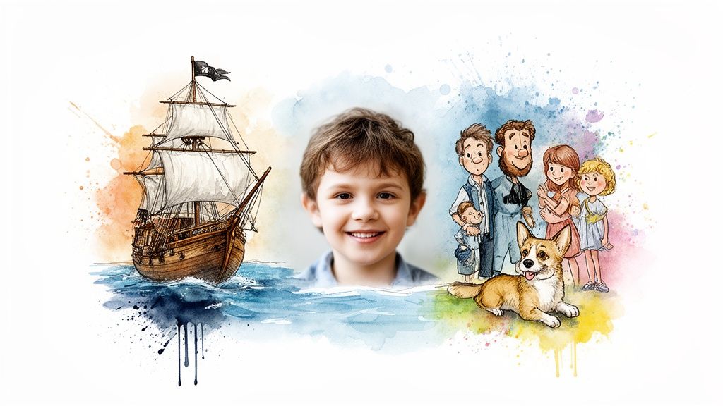 A cheerful boy smiles amidst a whimsical watercolor scene with a pirate ship, a cartoon family, and a dog.