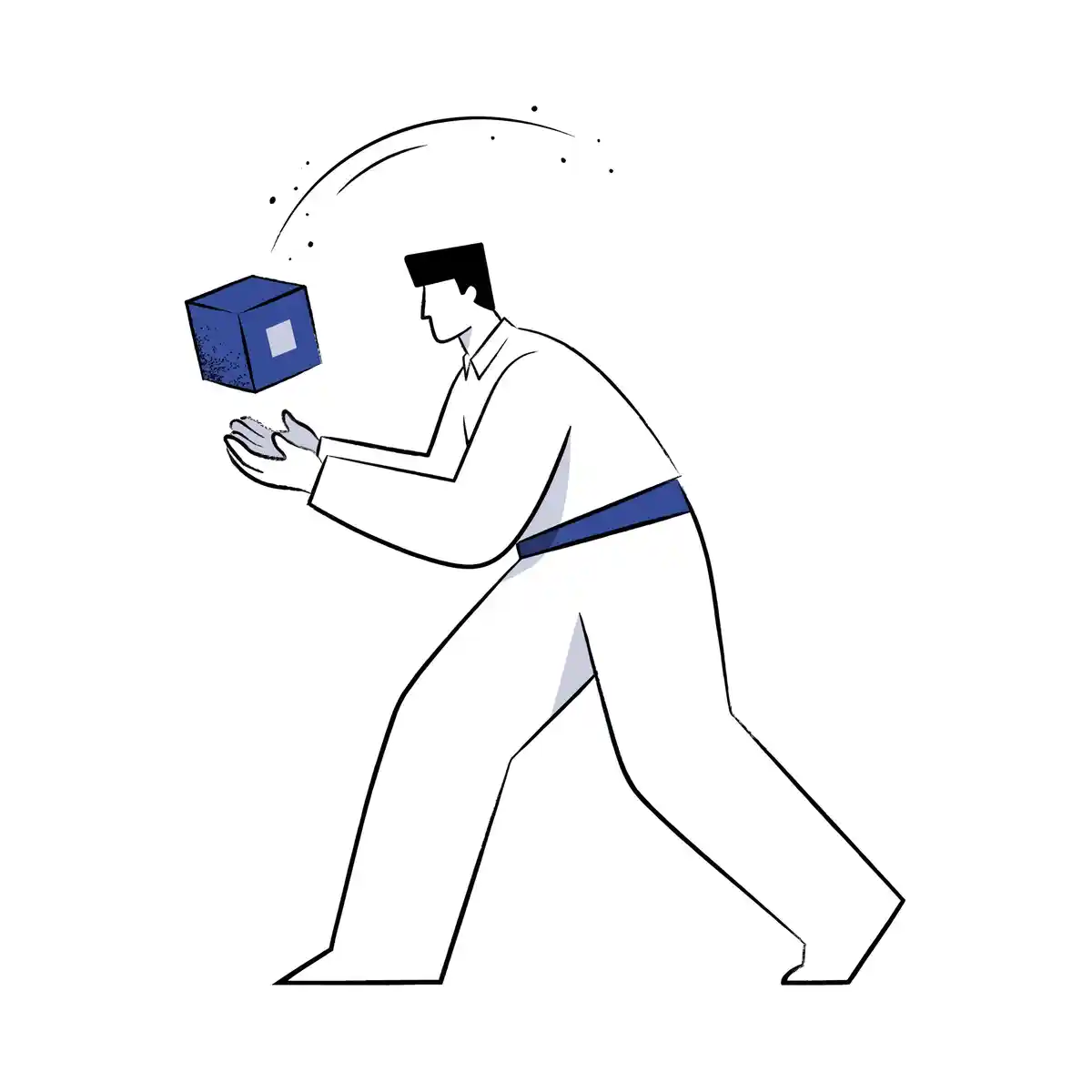 Eine Figur lehnt sich dynamisch nach vorn, beide Hände schalenförmig, um ein kleines herabfallendes markenblaues Raumblock-Icon in der Luft aufzufangen, mit einem geschwungenen schwarzen Bewegungsbogen und ein paar Sprenkelpunkten, die über dem fallenden Würfel nachziehen.