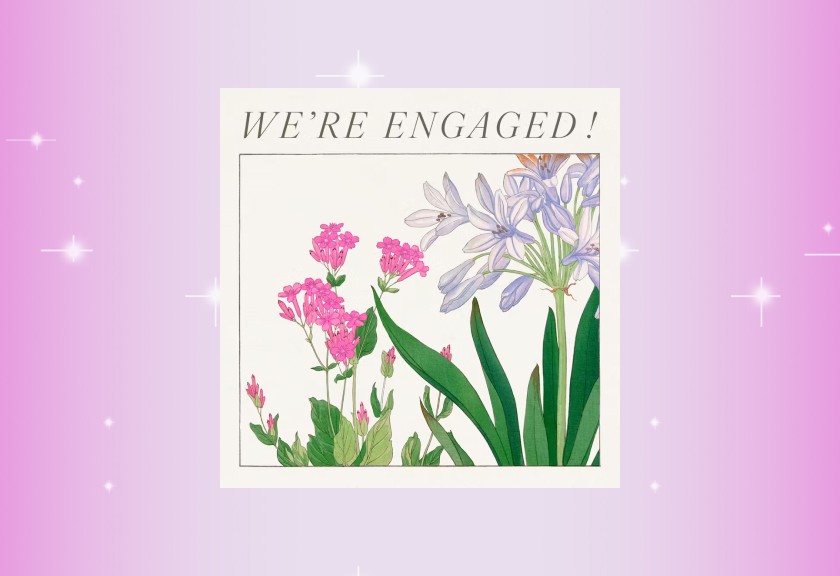 Retro engagement party invite with red cherry graphics and bold, flirty design.