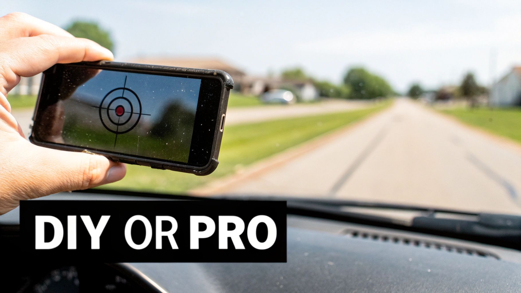 Hand holds smartphone with target display through car windshield, prompting 'DIY or Pro' decision.