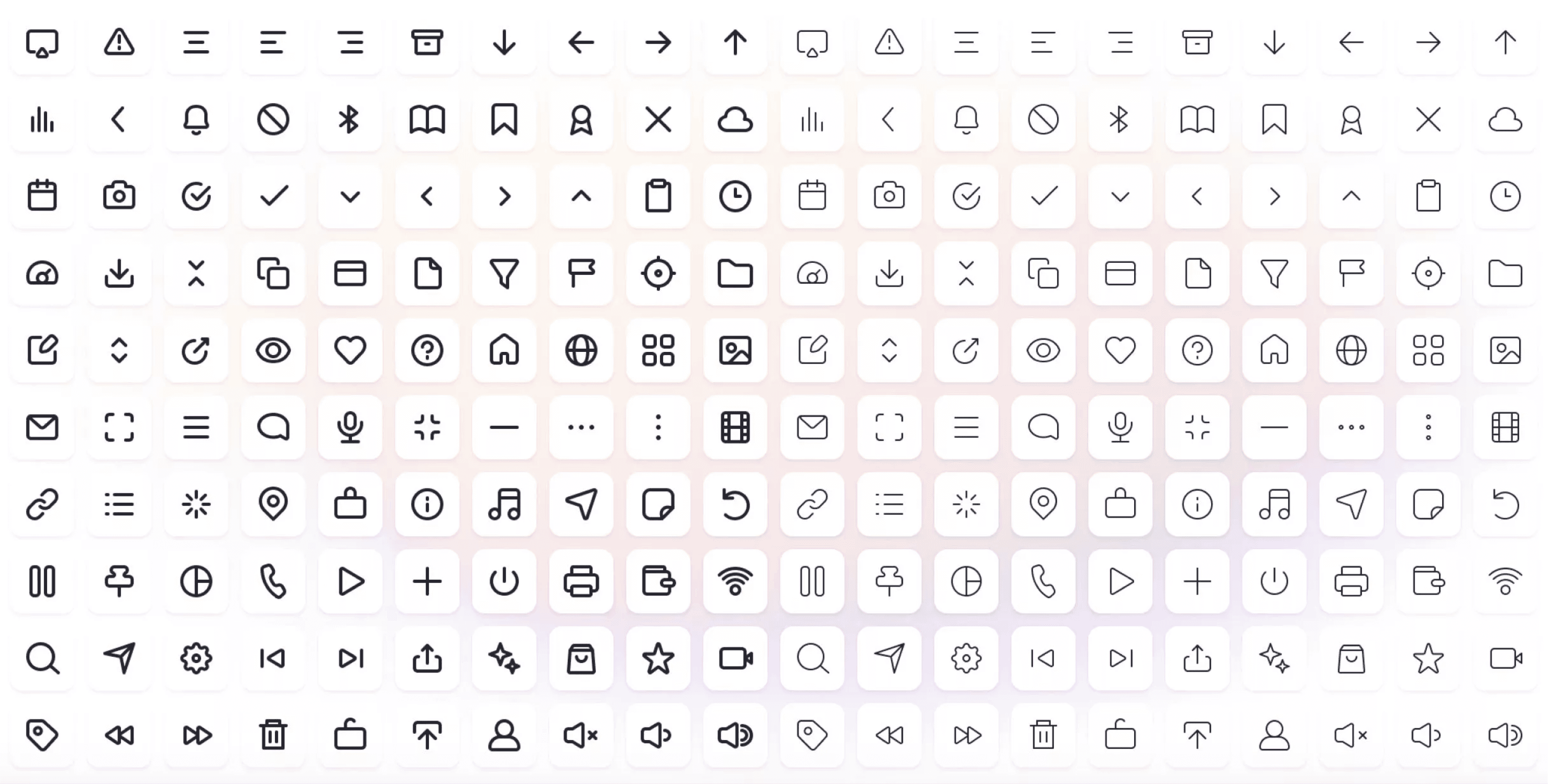 Grid of minimalist black outline interface icons displayed on rounded white tiles, including arrows, notifications, media controls, folders, messages, settings, and navigation symbols.