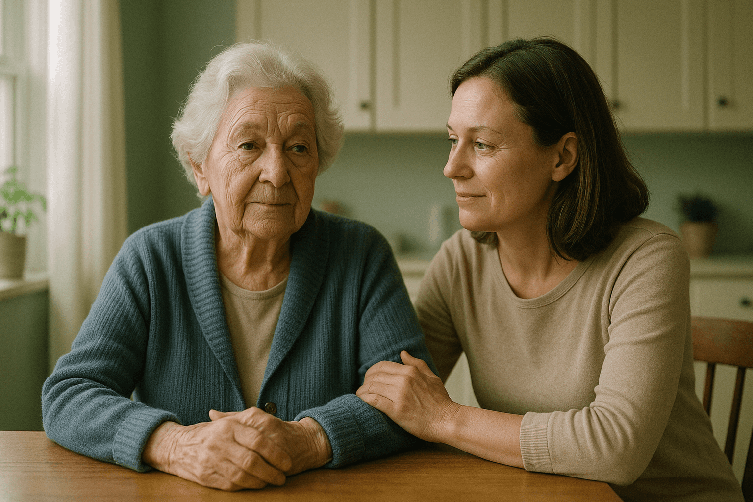 An older woman and her adult daughter sit together at a bright kitchen table in a calm, naturally lit family home.