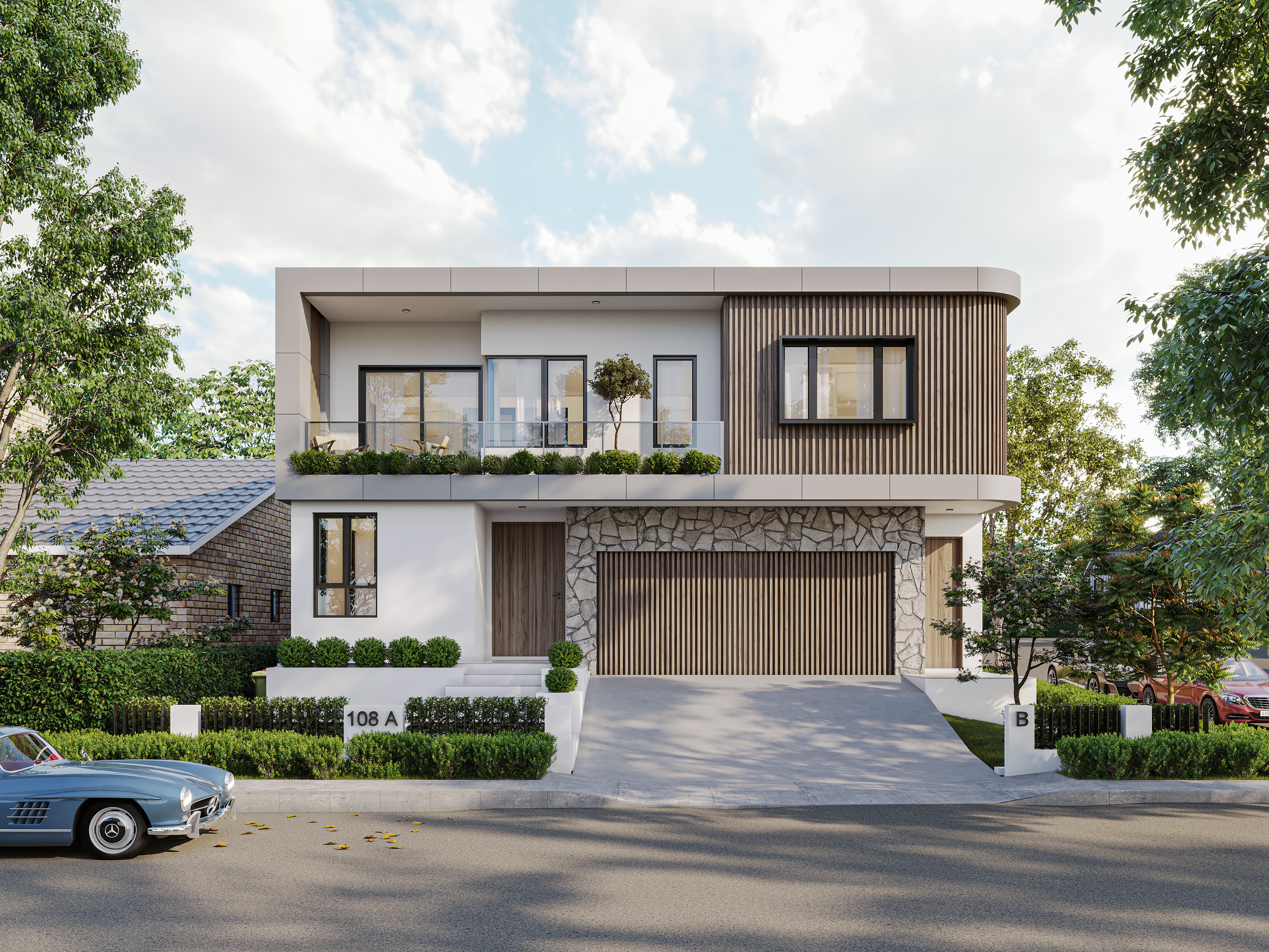 Stylish two-storey home with timber cladding, central entry, and layered facade composition.