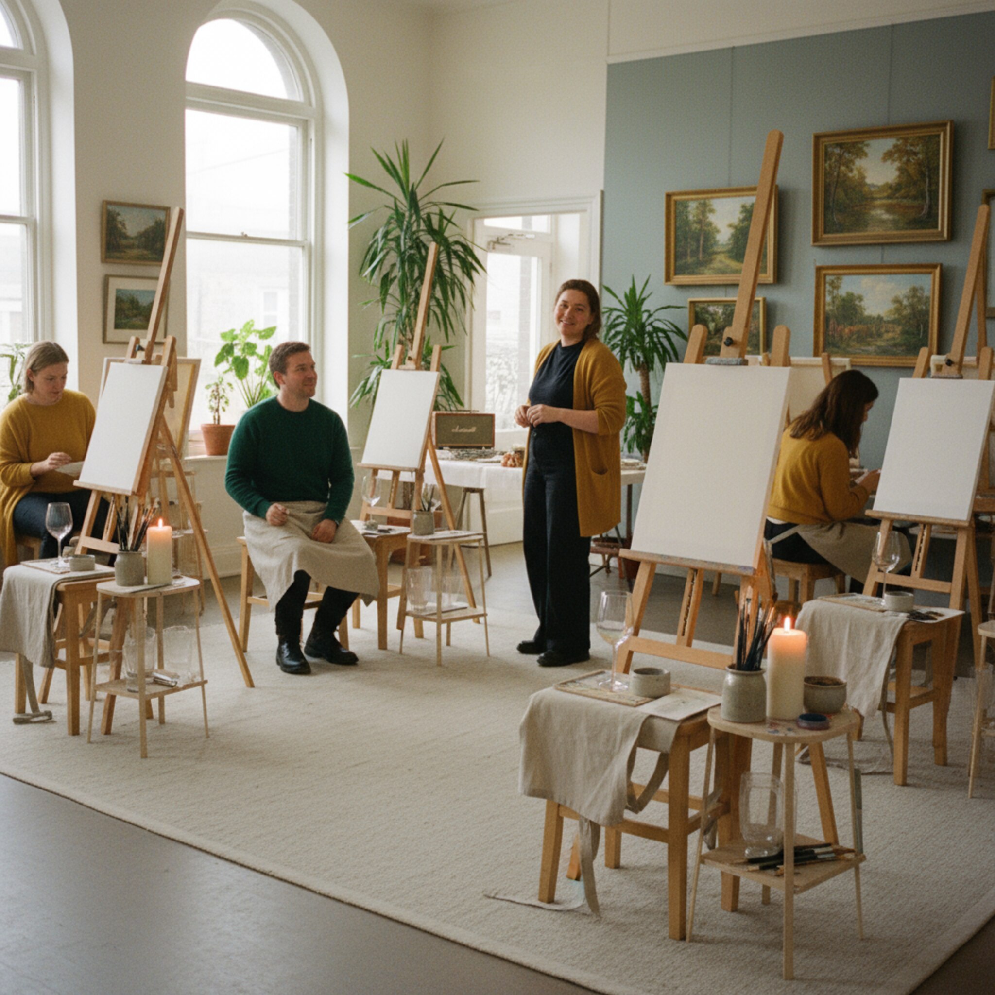 Reihen vorbereiteter Staffeleien stehen geordnet, jede mit Leinwand, Schürze und nummerierten Pinseln. Ein Gastgeber begrüßt ankommende Gäste mit einem freundlichen Lächeln. Sanfte Musik füllt den Raum, Kerzenlicht spiegelt in Gläsern. Alles wirkt strukturiert und dennoch locker, bereit für einen inspirierenden Abend.