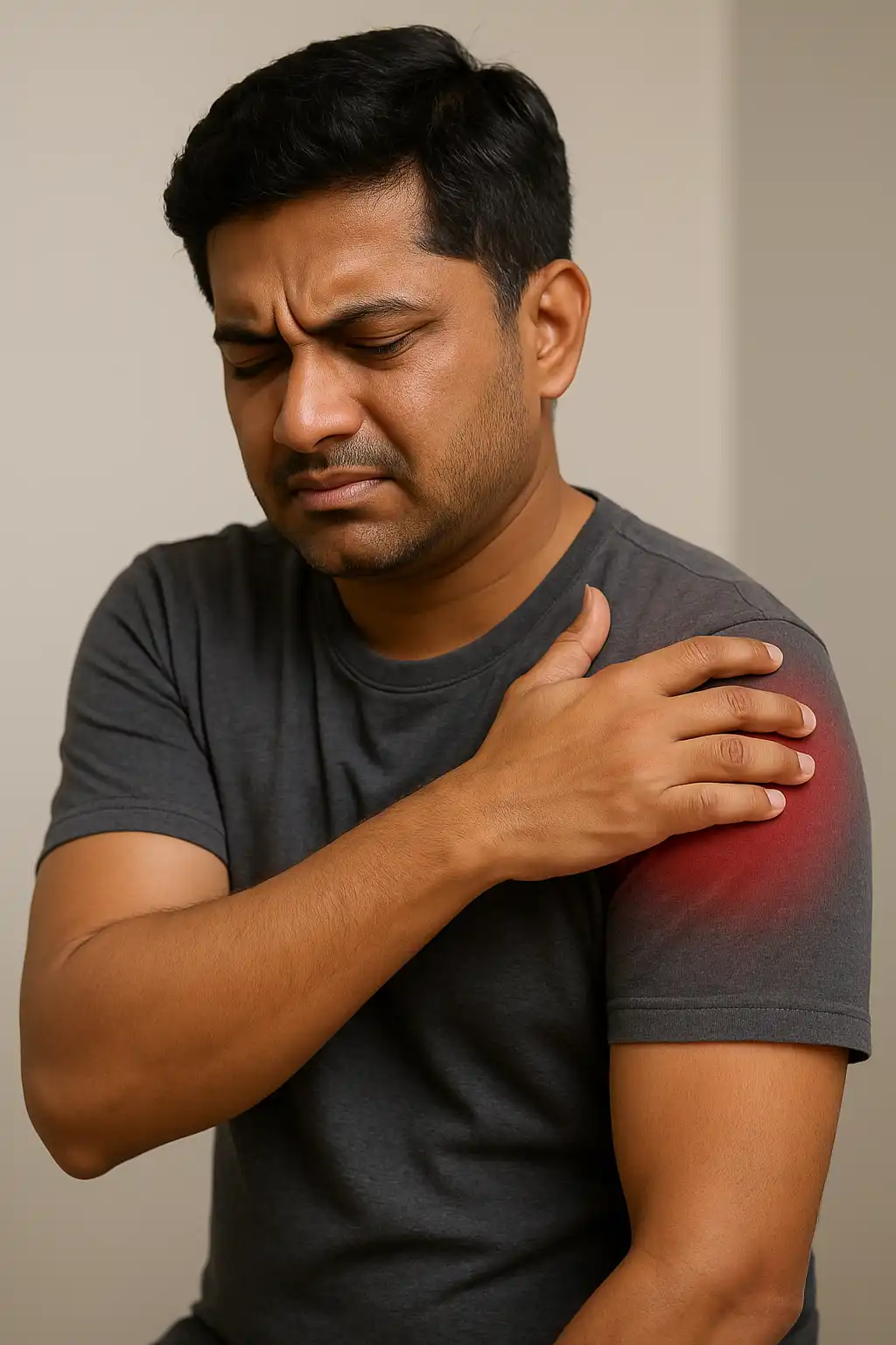 A man holding his shoulder with a pained expression, with a red highlighted area indicating shoulder pain or inflammation.