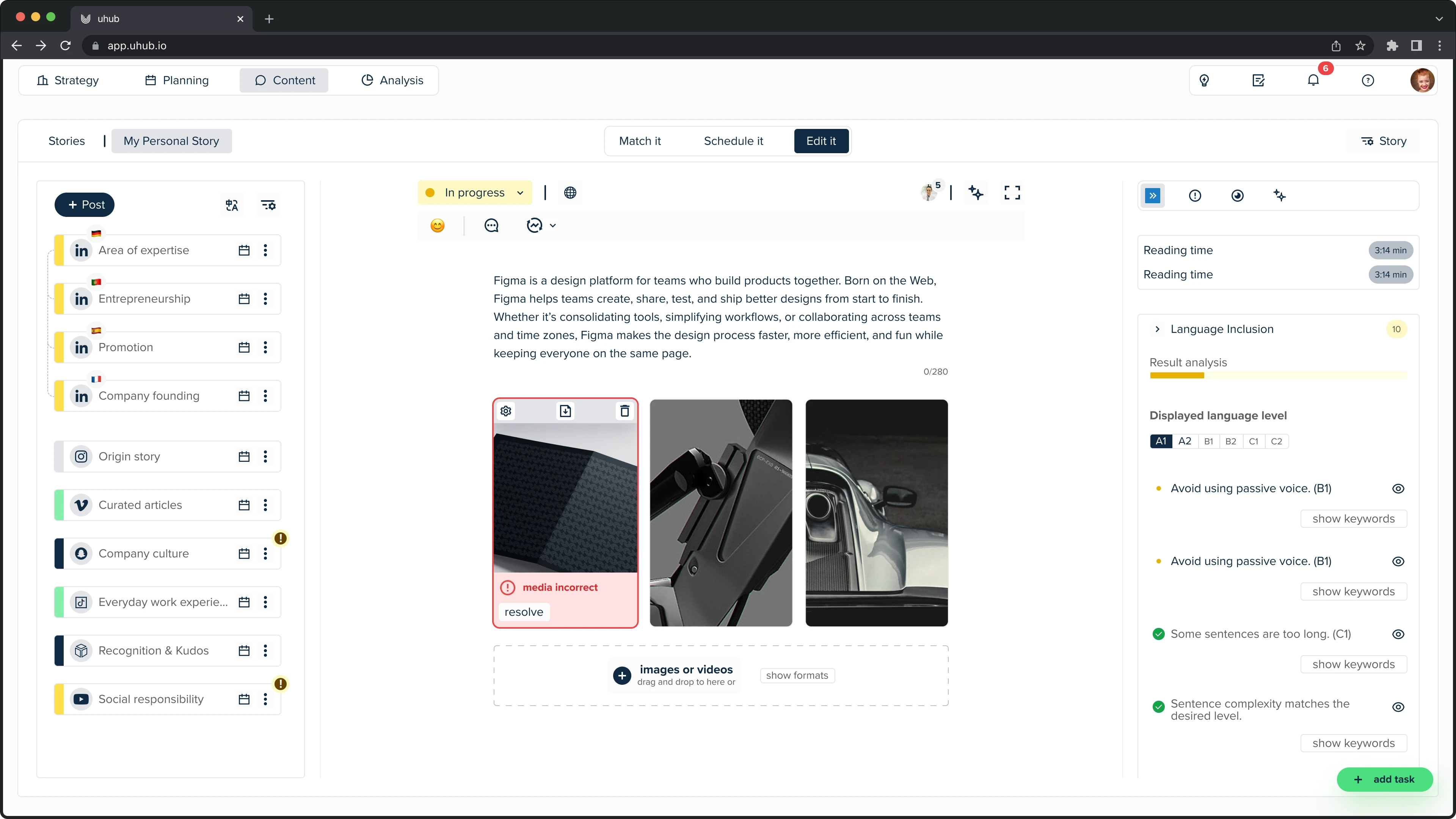 Content-Erstellungsoberfläche auf uhub.io zur Planung und Bearbeitung von Geschichten, Artikeln und Beiträgen mit Werkzeugen zur Sprachprüfung und Medienverwaltung, um effektive und ansprechende Inhalte für verschiedene Zielgruppen zu erstellen.