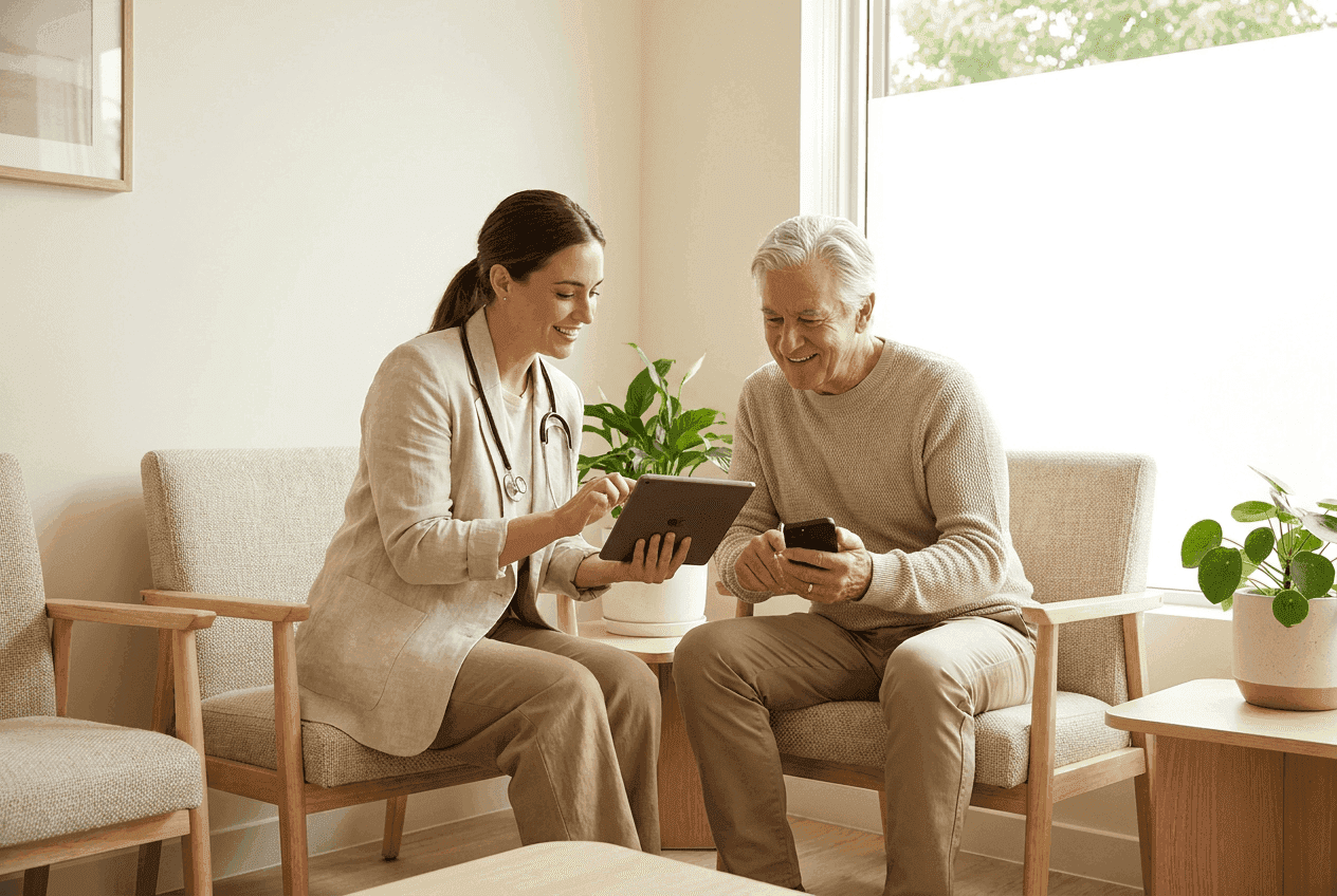 Doctor meeting with patient after receiving patient information by text message from another physician