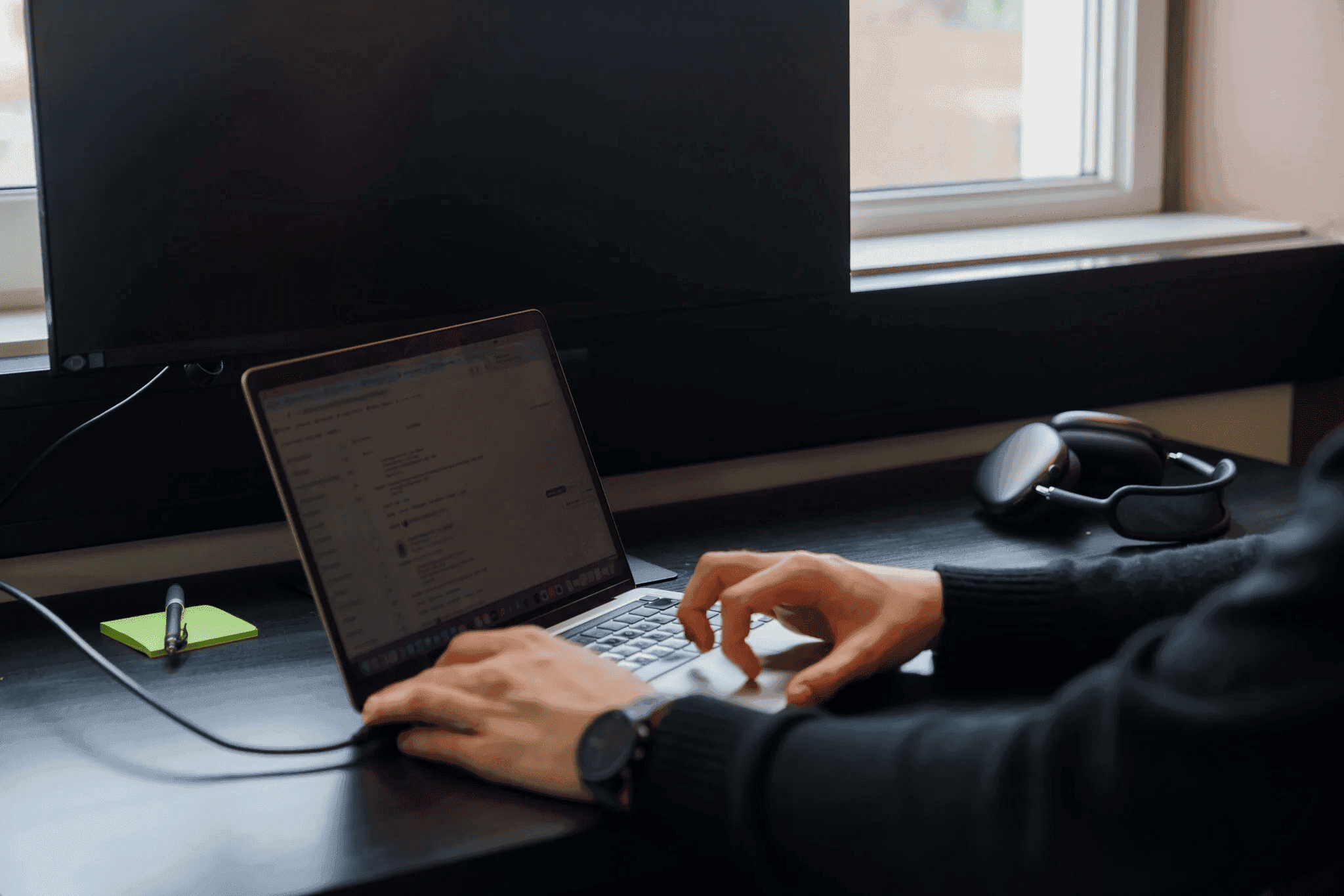 Man focused while working on desktop computer in tech workplace for recruiters