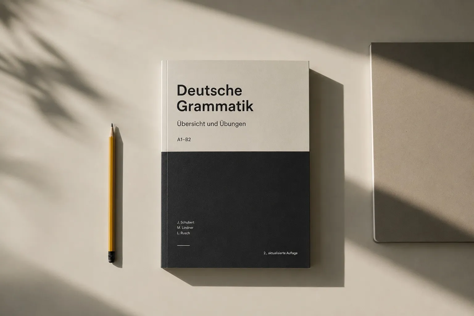 A gray and black "Deutsche Grammatik" book is placed on a light brown surface alongside a yellow pencil, casting soft shadows, emphasizing German grammar study essentials.