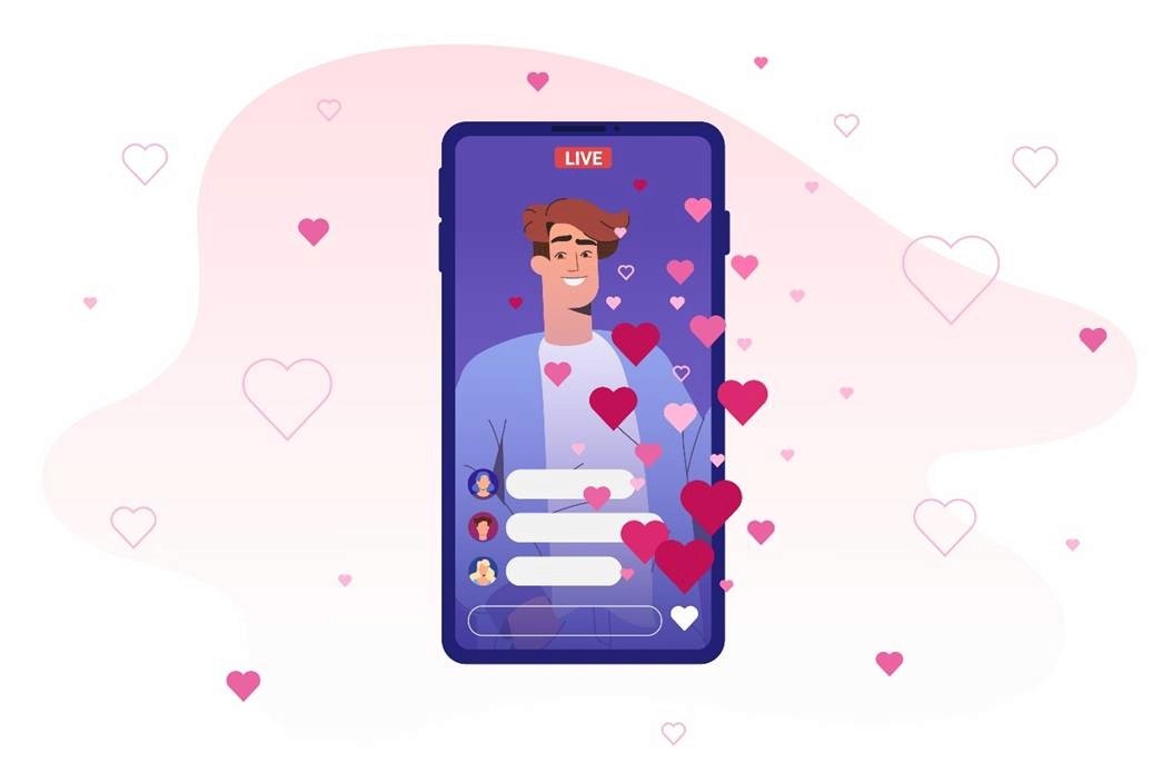 Male creator live streaming on mobile with heart reactions, representing live commerce engagement