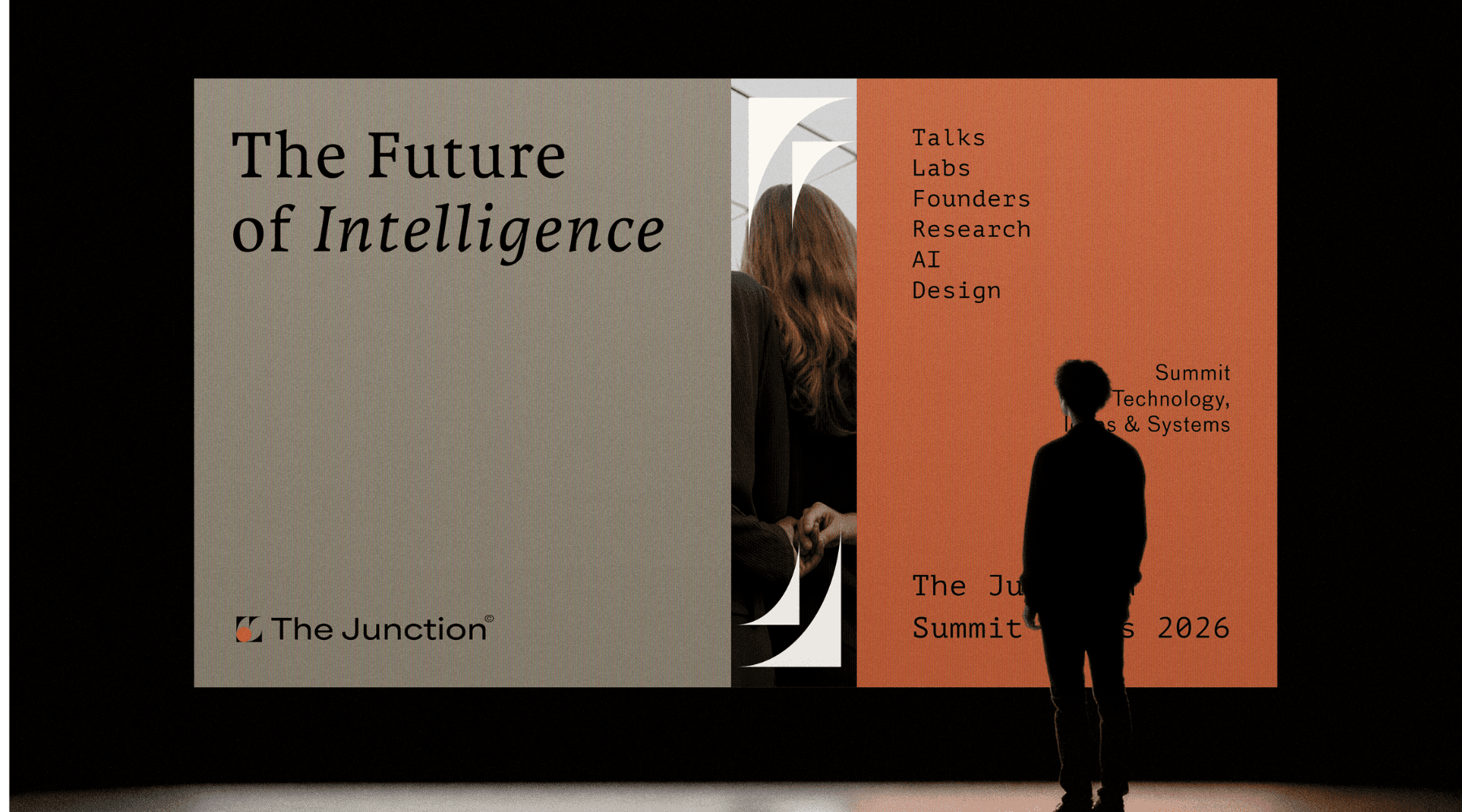 Two men in dress shirts stand against a striped background. One adjusts his tie, both look thoughtful and focused, conveying a professional tone.