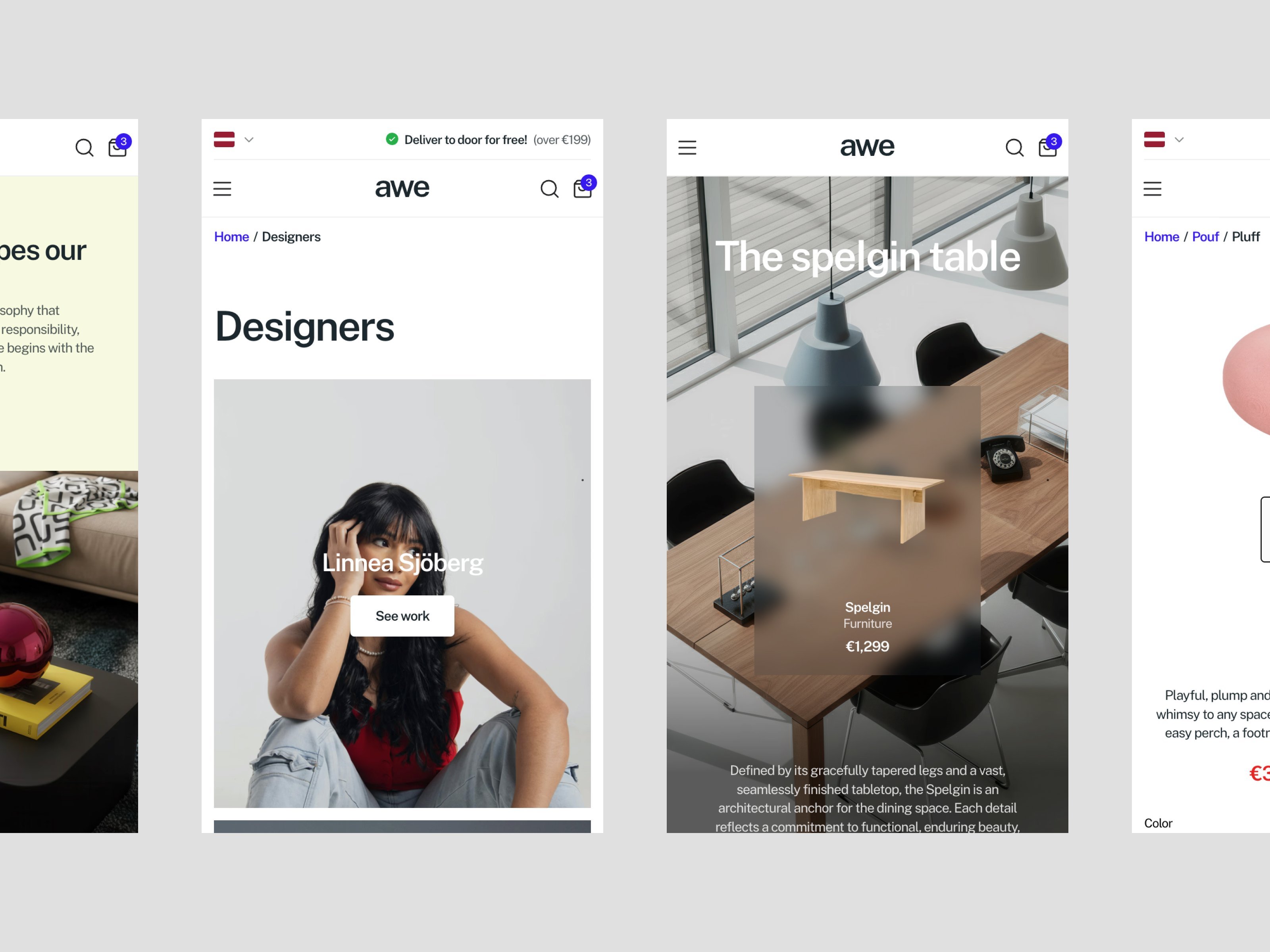 Mobile views of the Awe furniture template showing a Designers page featuring Linnea Sjöberg, a product detail page for the Spelgim table, and a Pouf category page