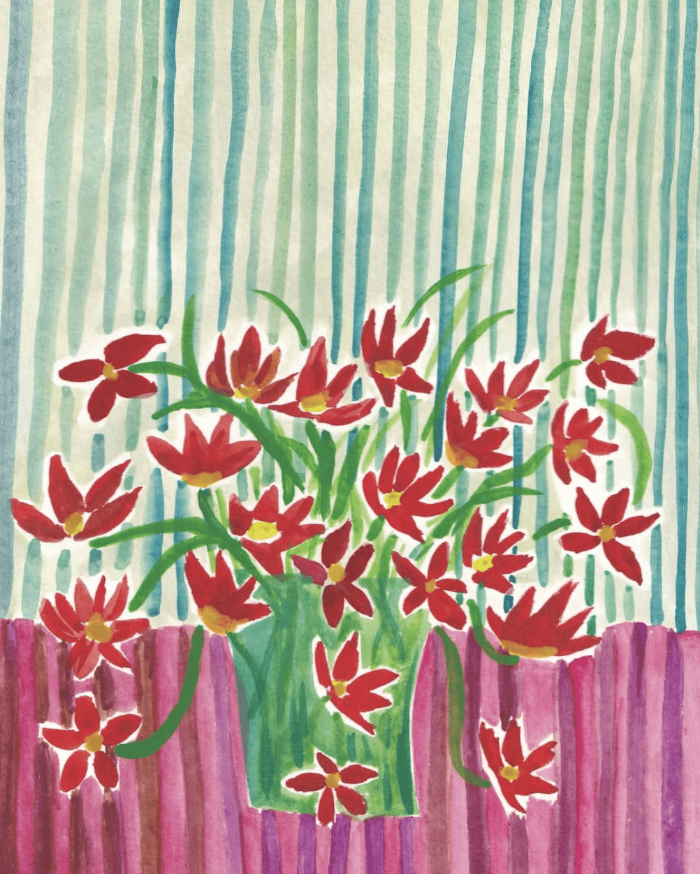 Painting of red flowers in a vase on a pink striped surface