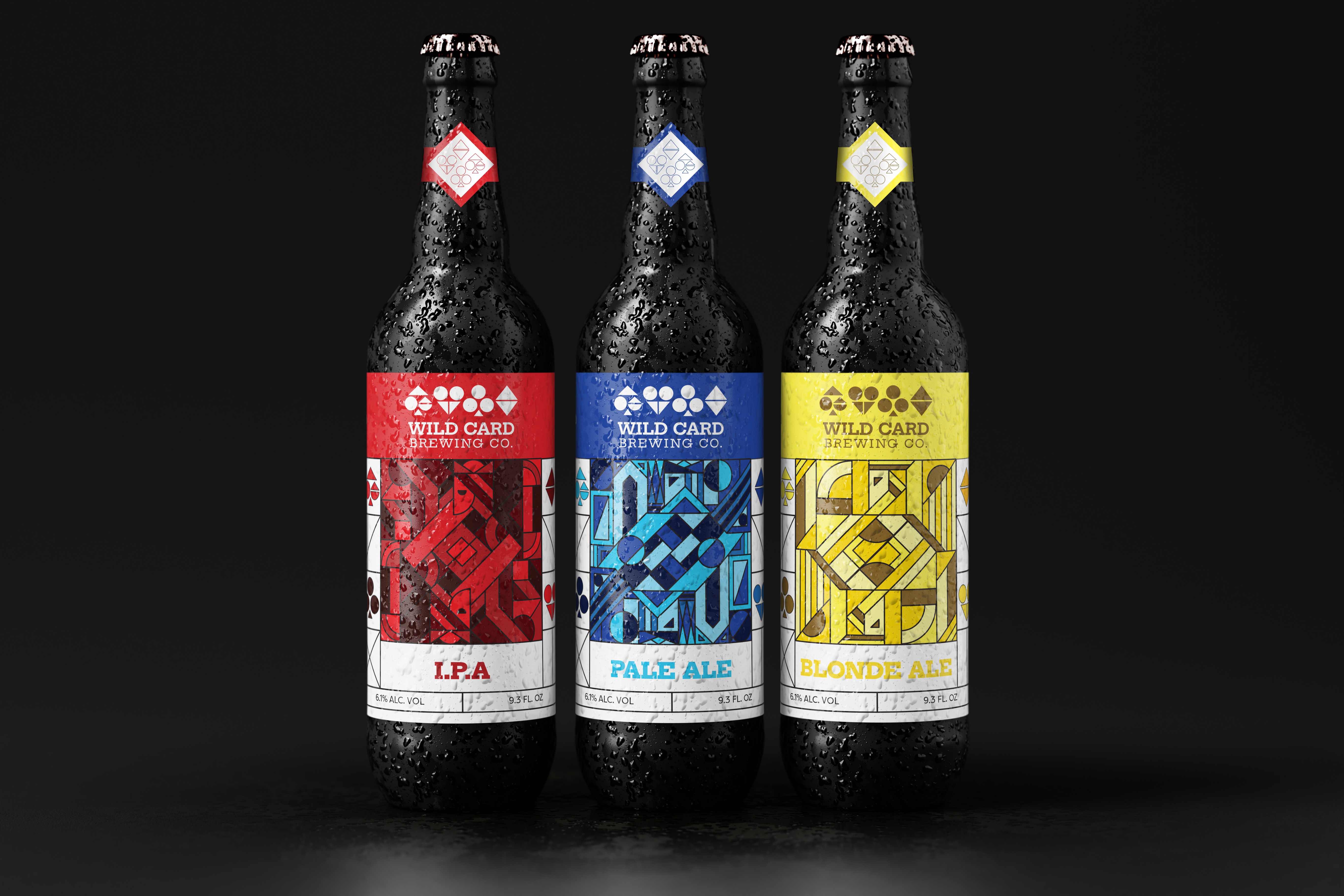 mockup of 3 beer bottles with a cohesive design.
