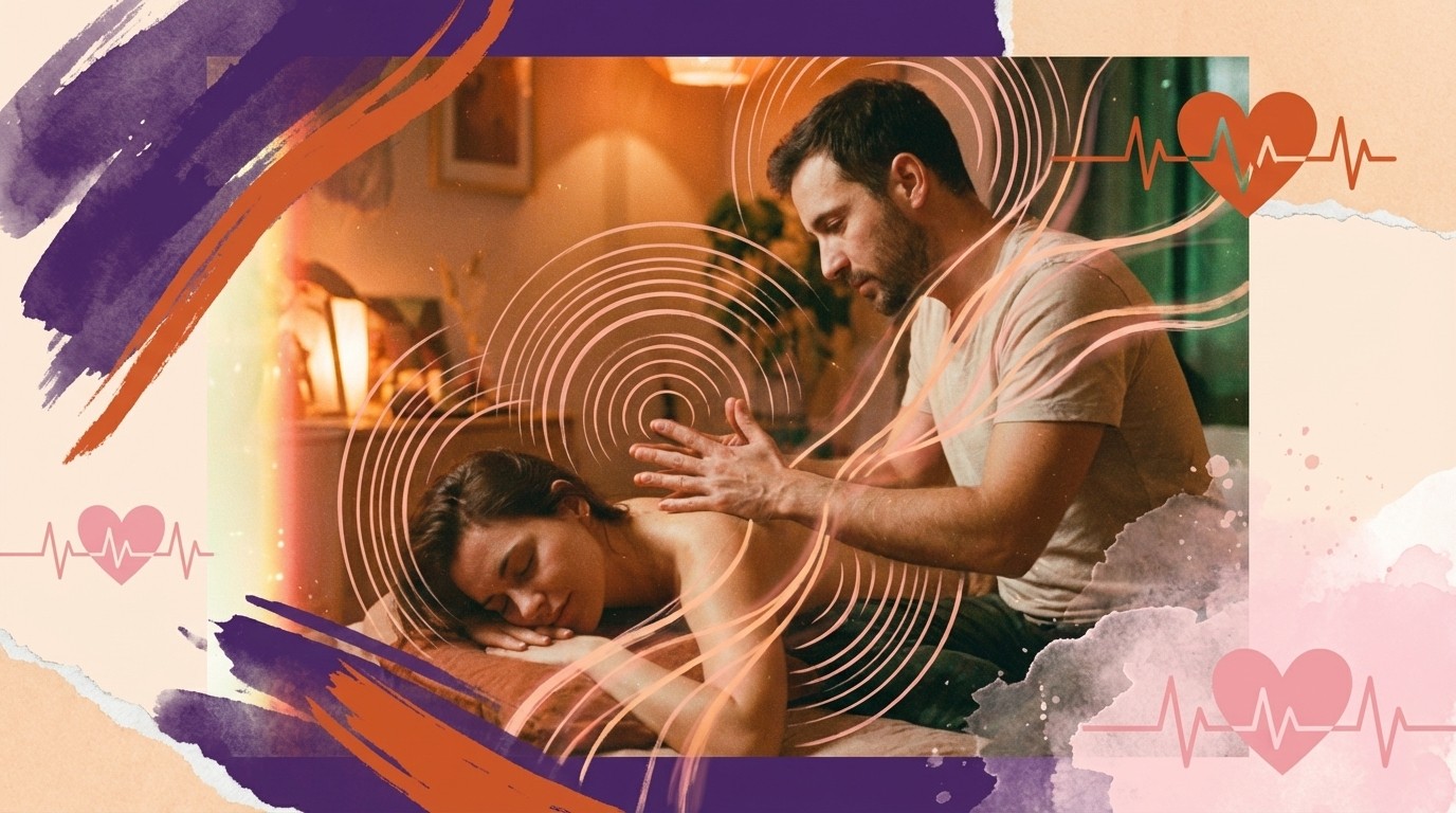 Et par hænder giver en rolig skuldermassage i dæmpet belysning