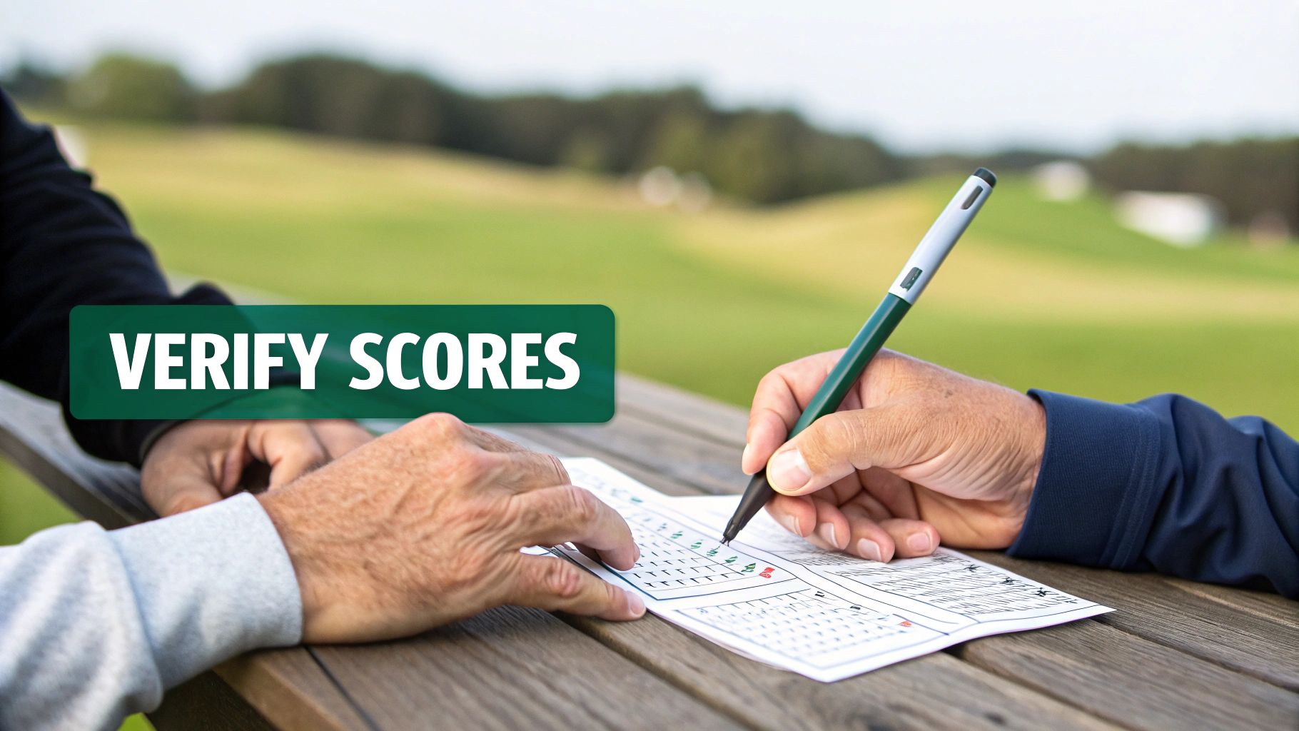 Two people are checking and writing golf scores on a scorecard at a wooden table on a golf course.