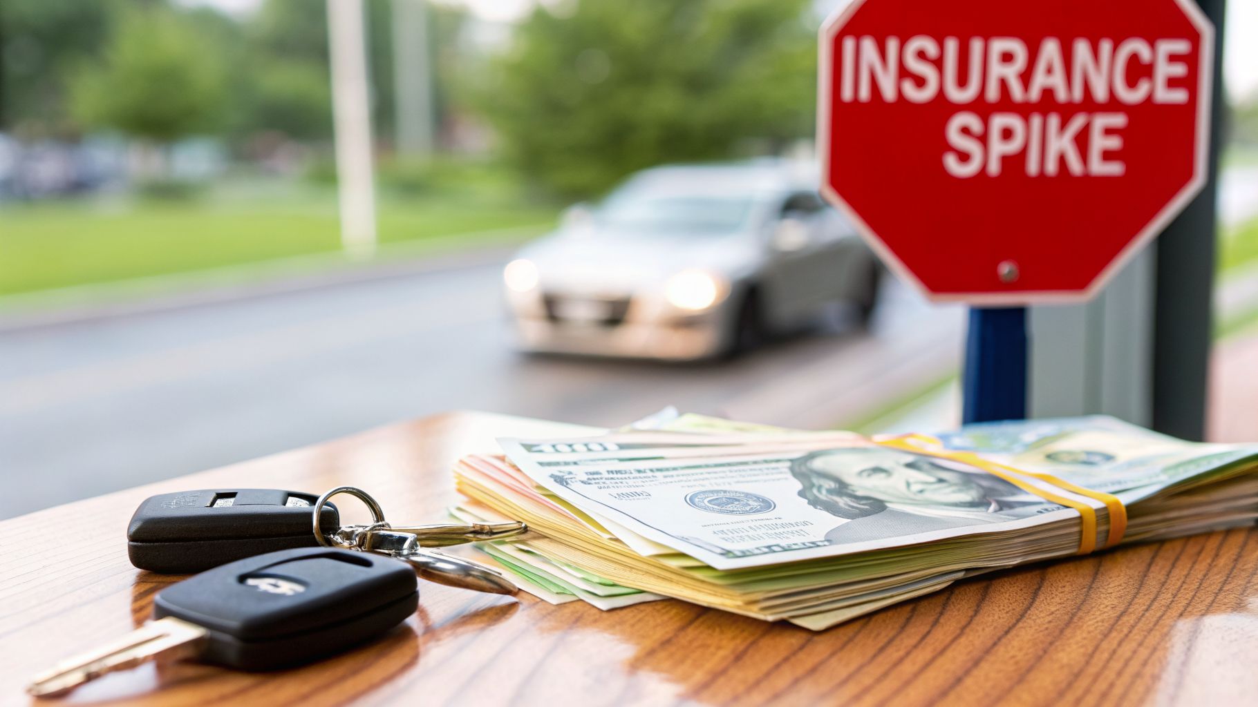 Stack of cash and car keys near an 'INSURANCE SPIKE' stop sign, with a blurred car.
