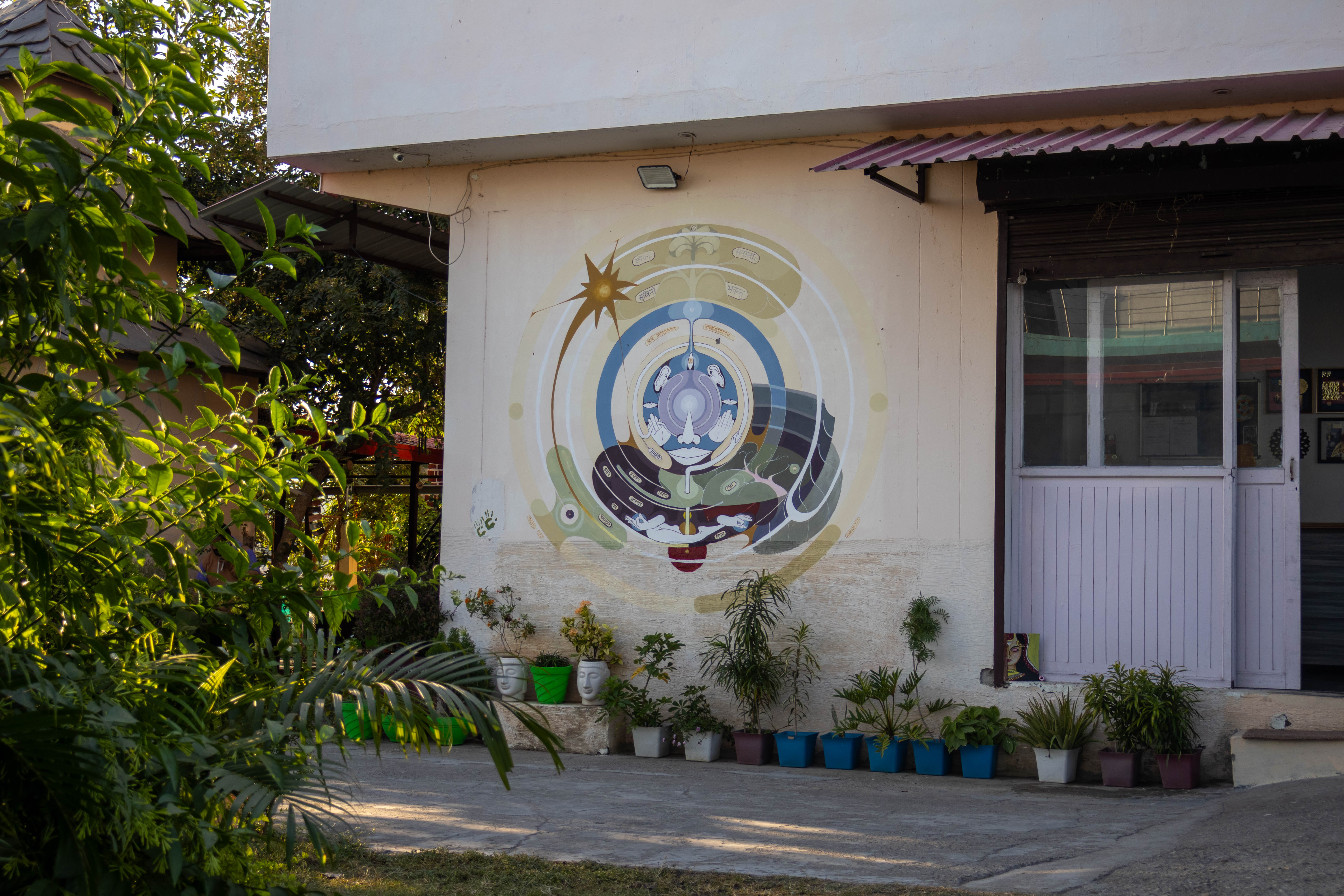 A circular mandala-style mural on a white building surrounded by several potted plants next to a garden.