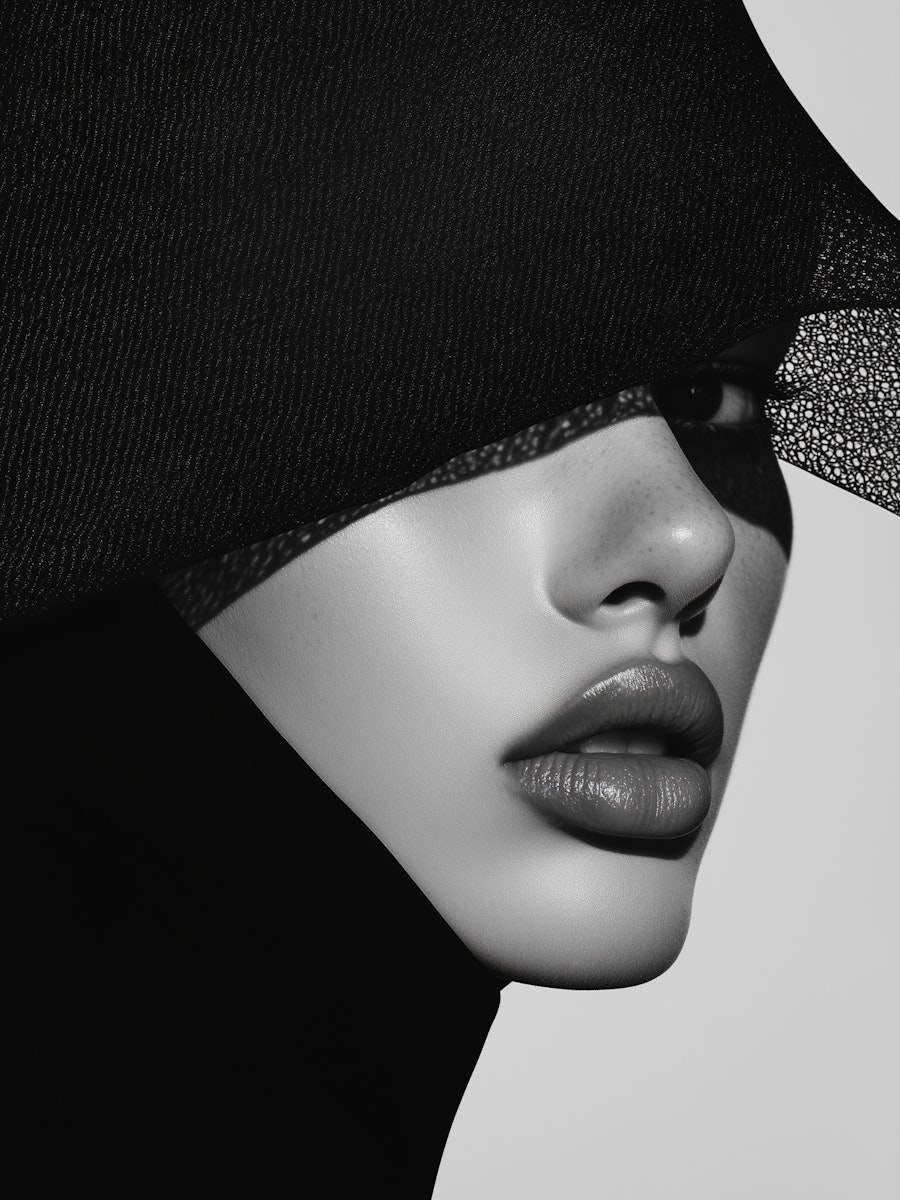 Artistic black and white portrait with textured shadows and a mysterious, elegant composition.