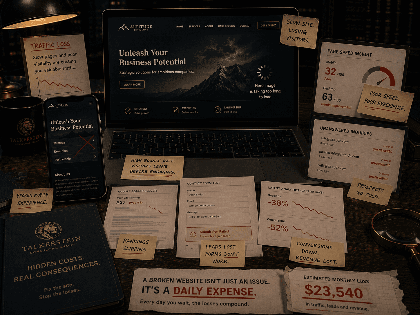 A laptop displaying a website surrounded by evidence of performance issues including mobile rendering problems, conversion bottlenecks, declining analytics, and technical website failures in a dimly lit office.