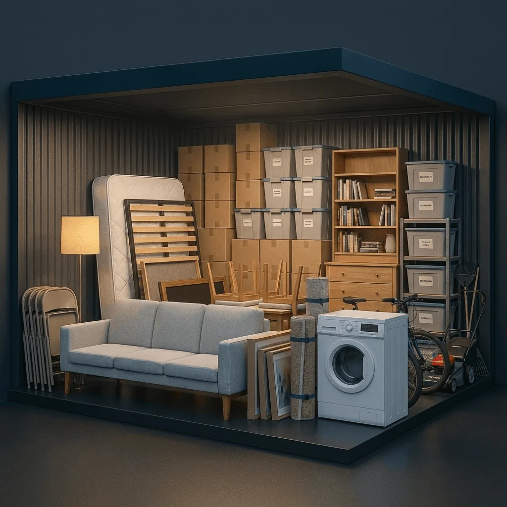 Illustration of household furniture and appliances inside an 8x14 storage unit