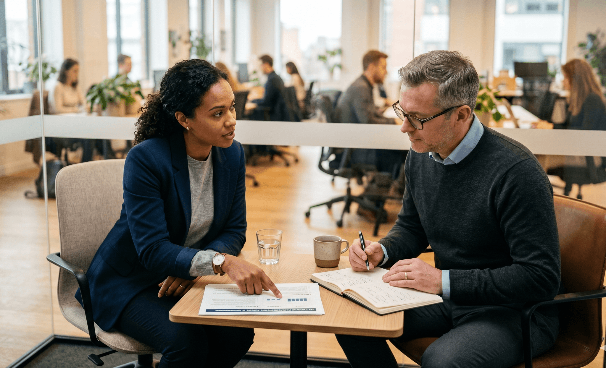 Two pharma professionals in a small breakout room reviewing a vendor evaluation document during a decision conversation