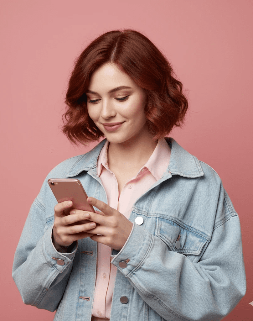 Young woman with red wavy hair smiling at rose-gold phone in denim jacket.
