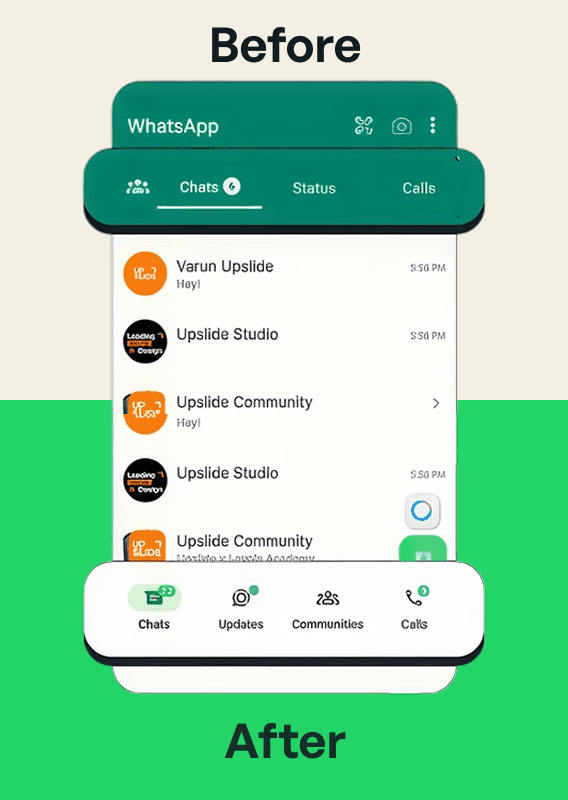 WhatsApp interface before and after design comparison